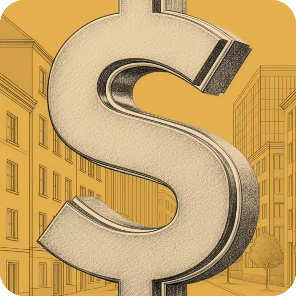 Large textured dollar sign in the foreground with a city street and buildings in the background on a yellow-orange backdrop.