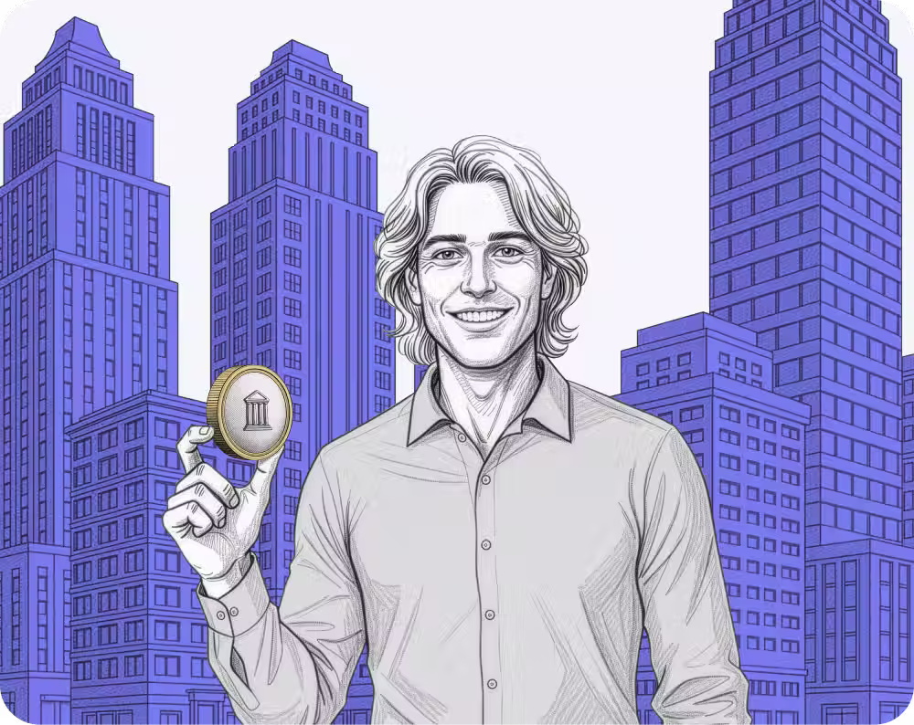 Illustration of a smiling man with wavy hair holding a coin with a bank symbol, standing in front of purple city skyscrapers.