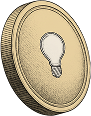 Vintage-style gold coin featuring an engraved light bulb icon in the center.