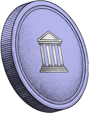 Silver coin showing a classical building with four columns on a purple background.