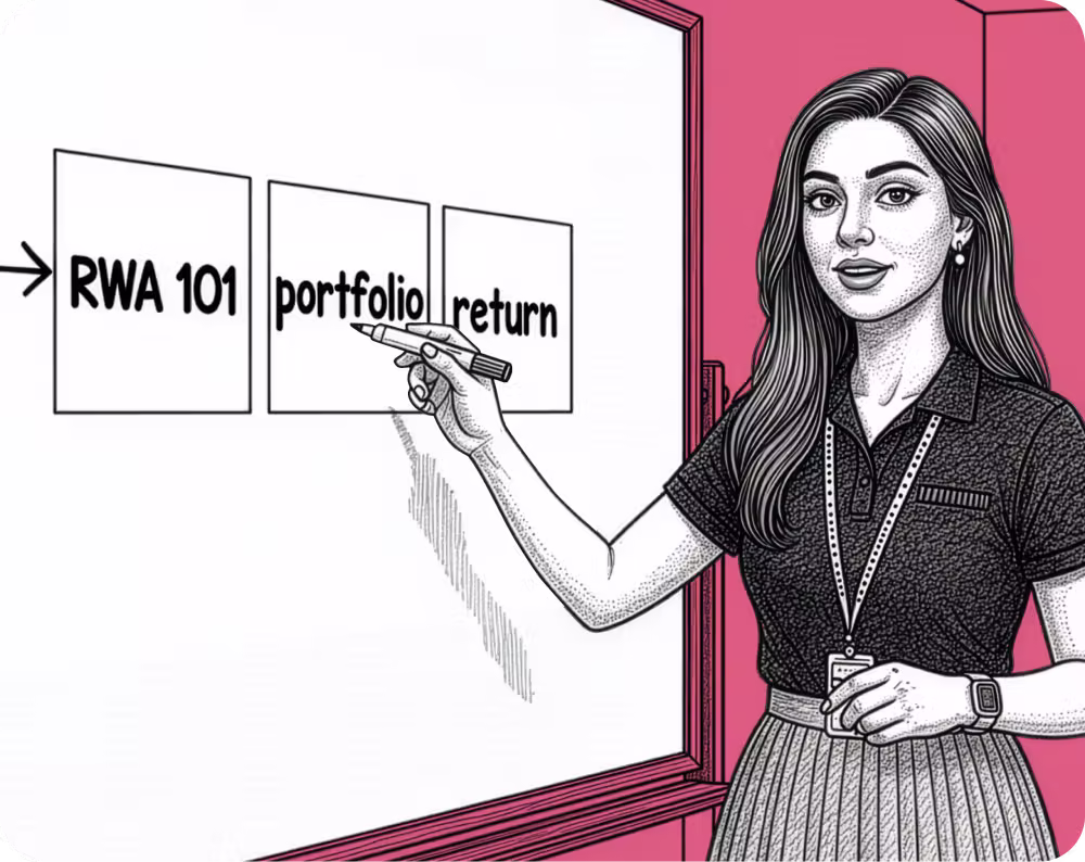 Illustration of a woman pointing with a marker at the word 'portfolio' on a whiteboard next to 'RWA 101' and 'return' boxes with a pink background.