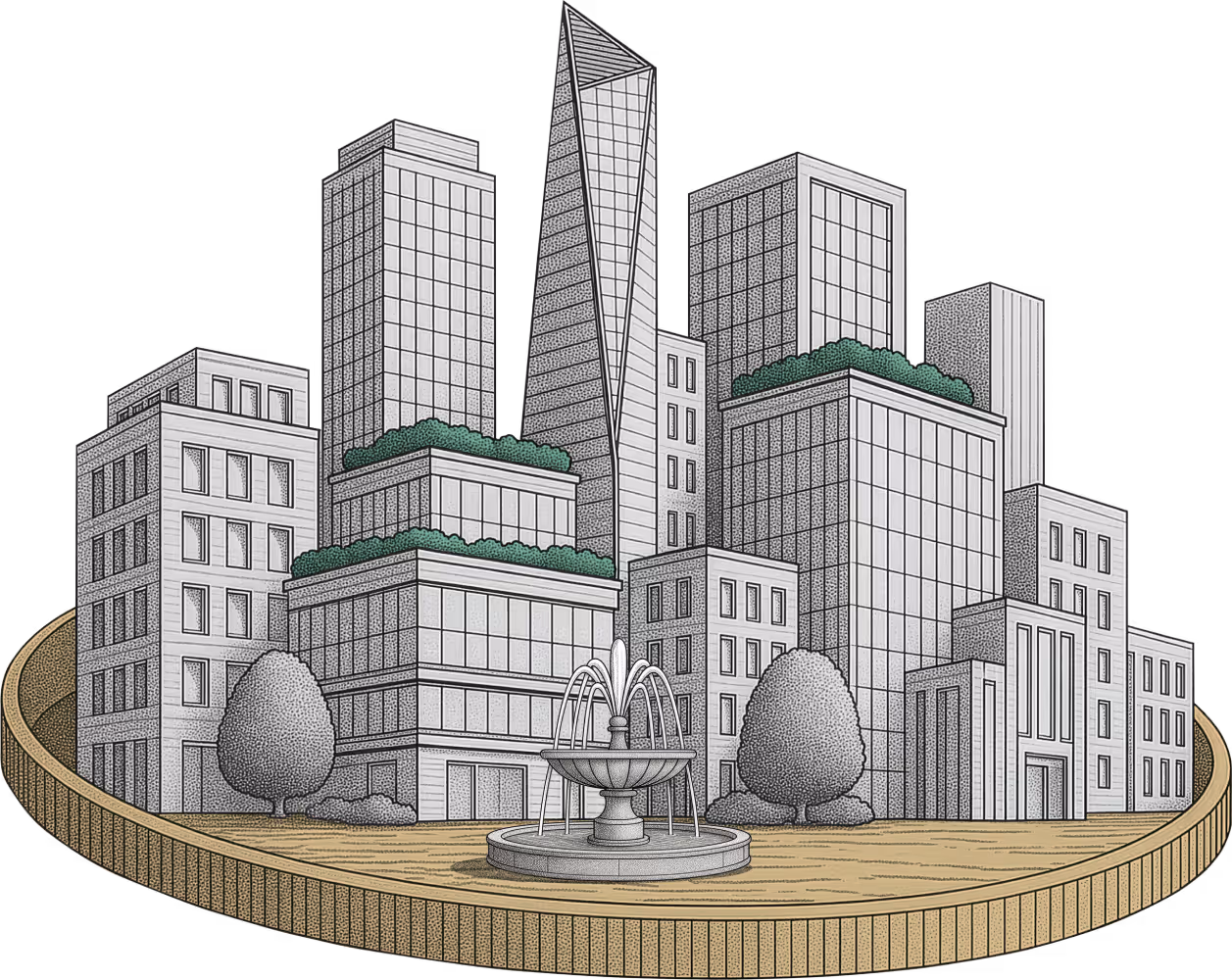 Illustration of a modern cityscape with high-rise buildings, greenery on rooftops, and a central fountain on a large coin.