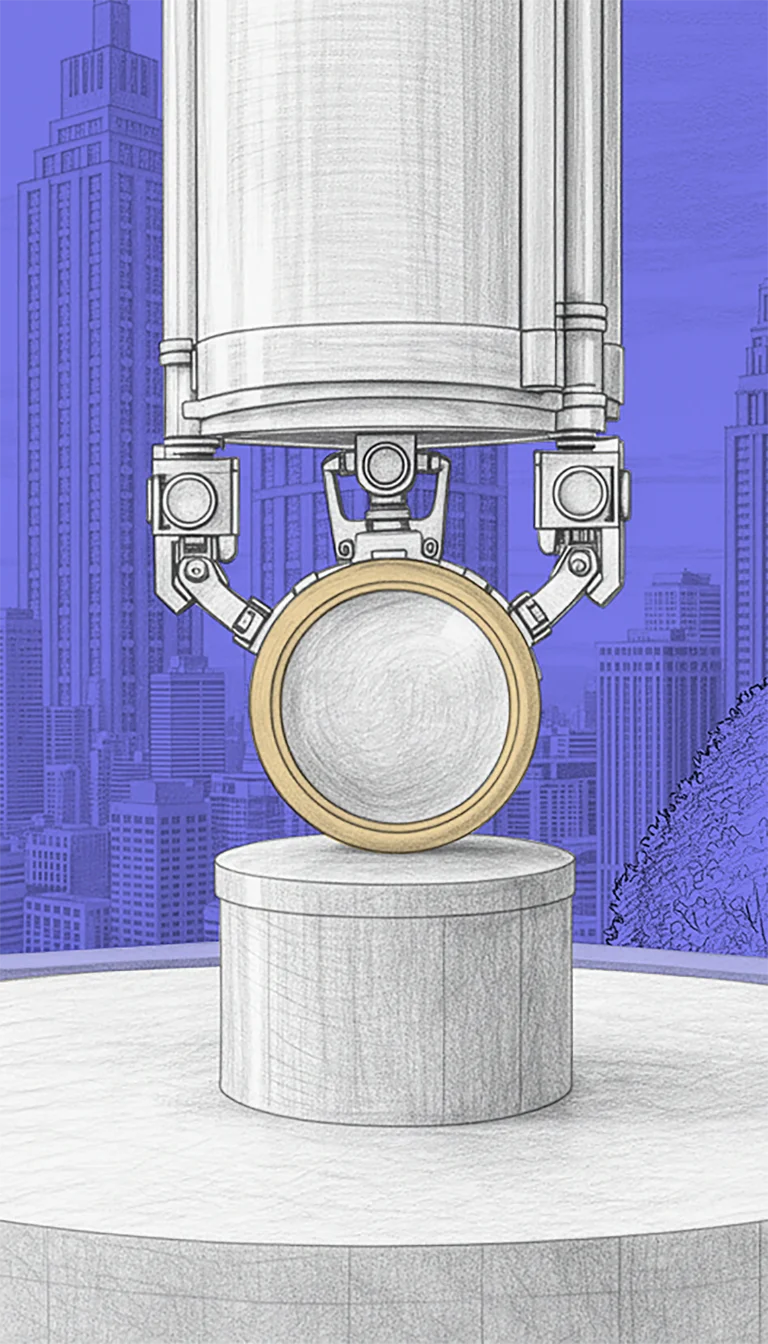 Illustration of a robotic arm holding a small round object above a pedestal with a city skyline in the background.