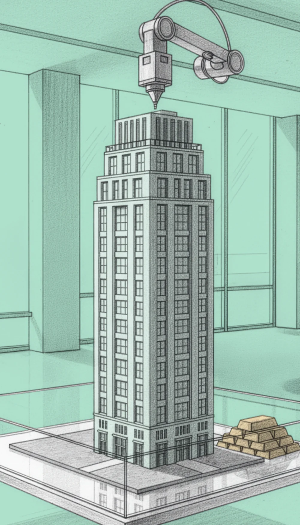 Illustration of a robotic arm constructing a detailed model of a multi-story building inside a glass enclosure with a small stack of gold bars nearby.