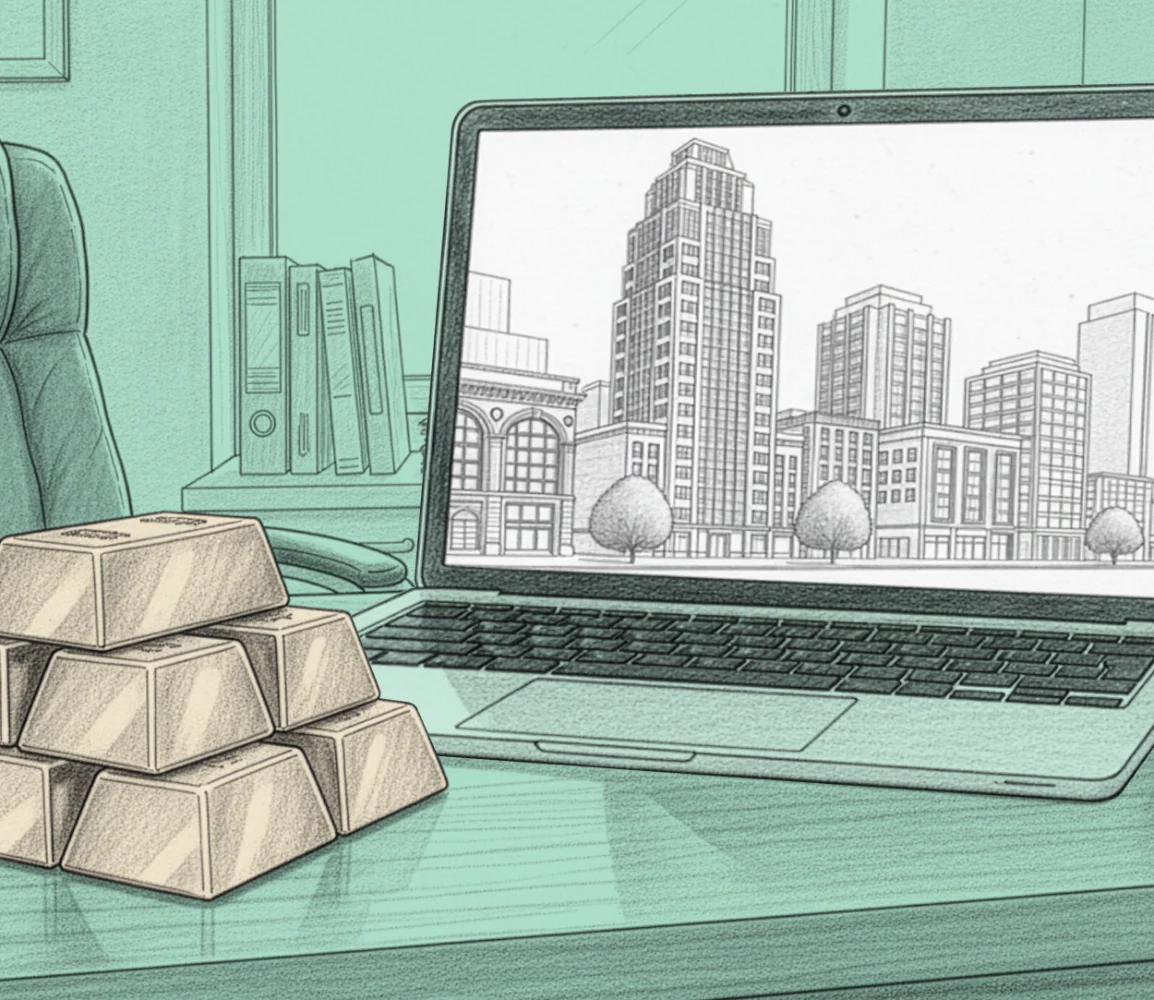 Desk with stacked gold bars and a laptop showing a black and white cityscape drawing on screen.