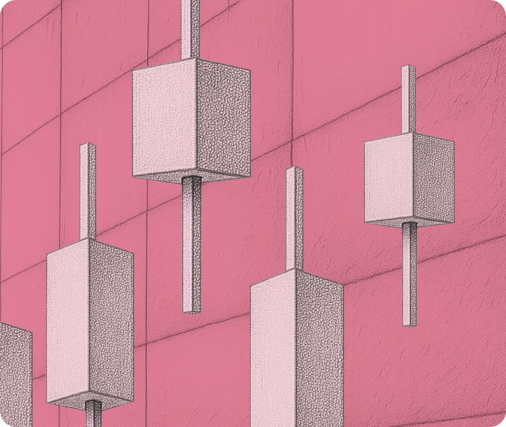 Illustration of five floating geometric cubes with vertical rods against a textured pink grid background.