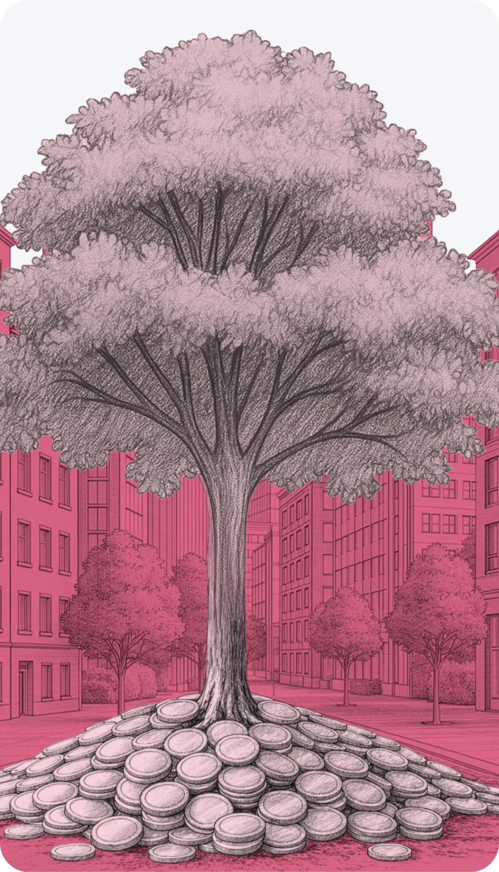 Illustration of a large tree growing from a mound of stacked coins in an urban street setting.