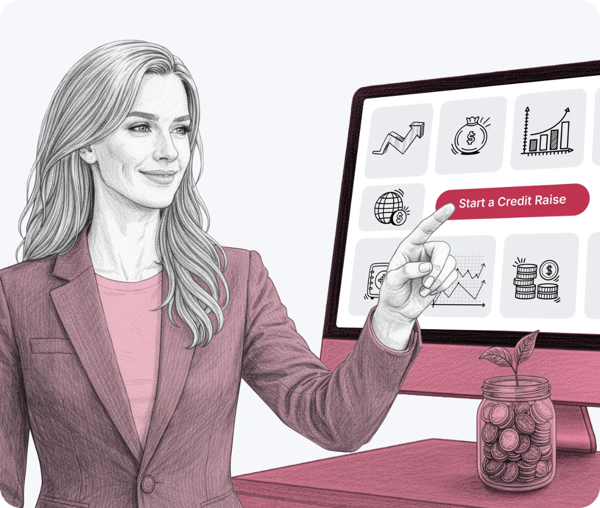 Woman in business attire pointing at a computer screen displaying financial icons and a highlighted button labeled 'Start a Credit Raise', with a jar of coins on the desk.