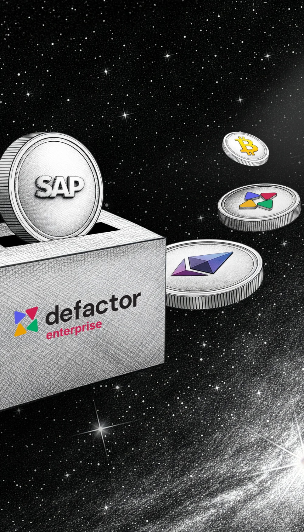 Illustration of a coin labeled SAP being inserted into a box with the Defactor enterprise logo, with floating coins showing Ethereum, Bitcoin, and Defactor tokens in a starry space background.