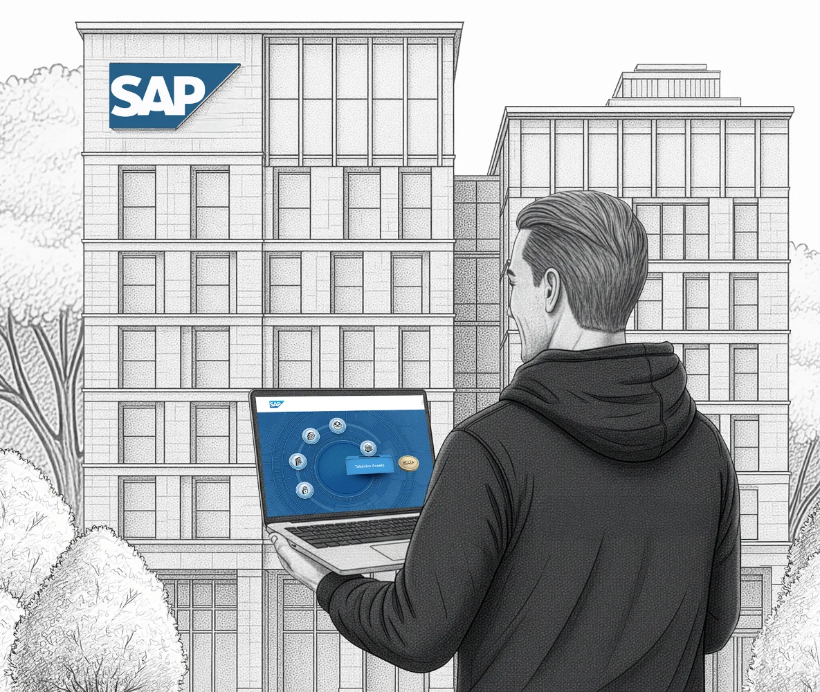 Illustration of a smiling young man with curly hair wearing a black hoodie with the defactor logo, standing in front of purple-toned buildings and trees.