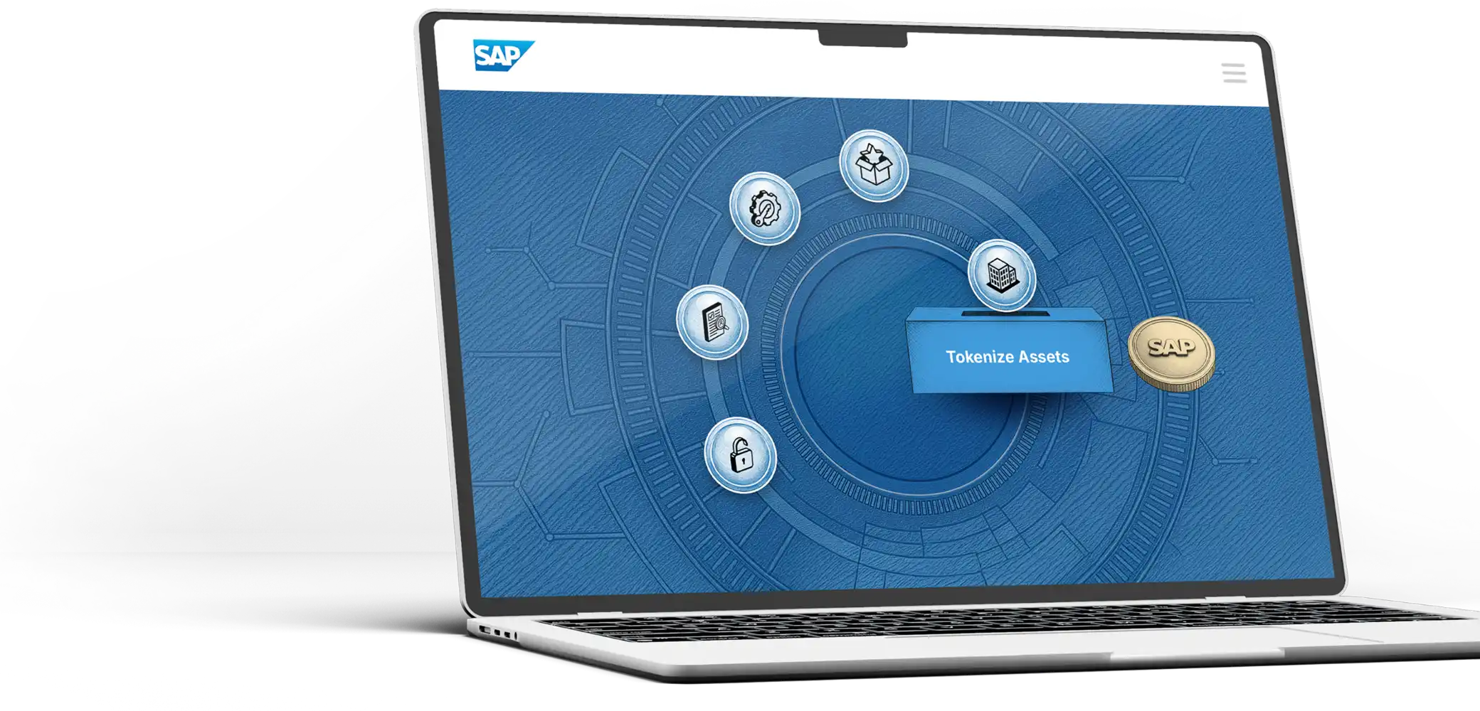 Laptop screen displaying a blue interface with the SAP logo, showing circular icons around a central button labeled 'Tokenize Assets' and a gold coin with SAP embossed on it.