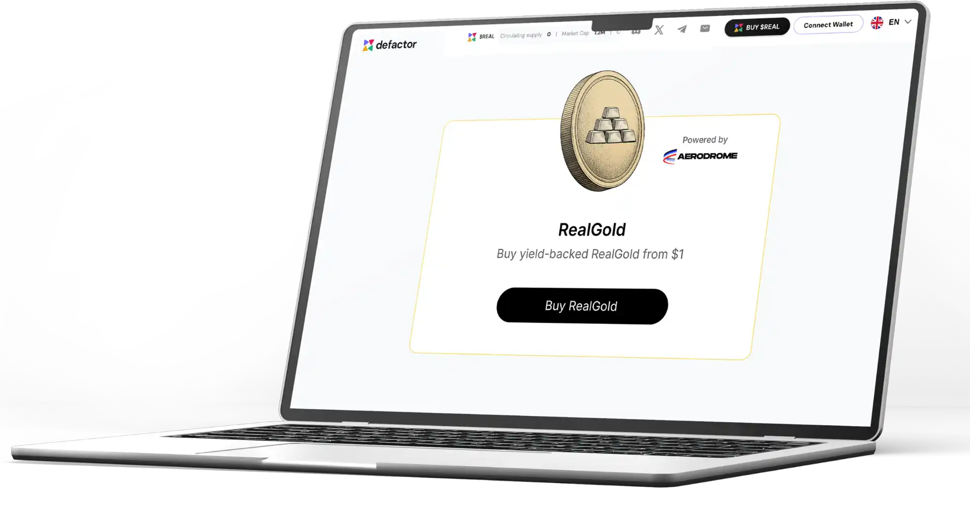 Laptop screen showing Defactor website offering to buy yield-backed RealGold from $1 with a Buy RealGold button.