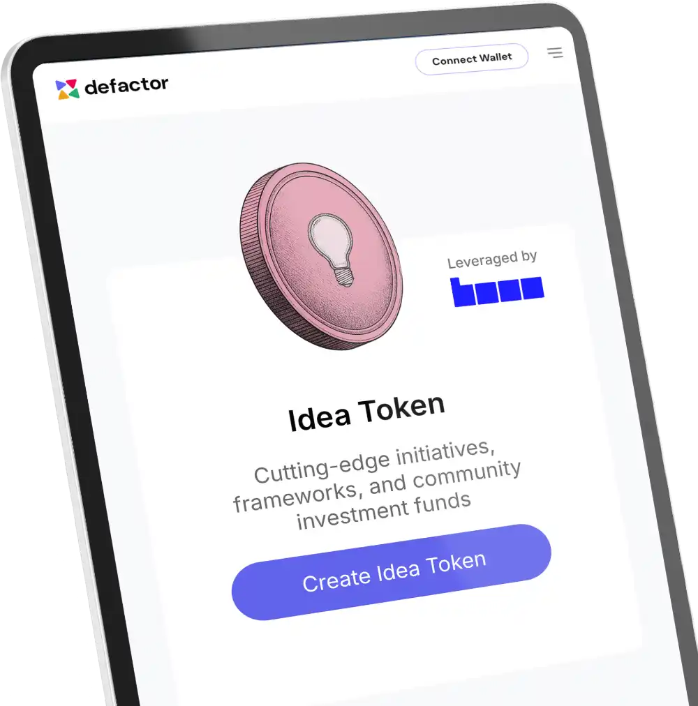 Tablet screen displaying Defactor's Idea Token page with a pink token featuring a lightbulb icon, description of initiatives, and a Create Idea Token button.