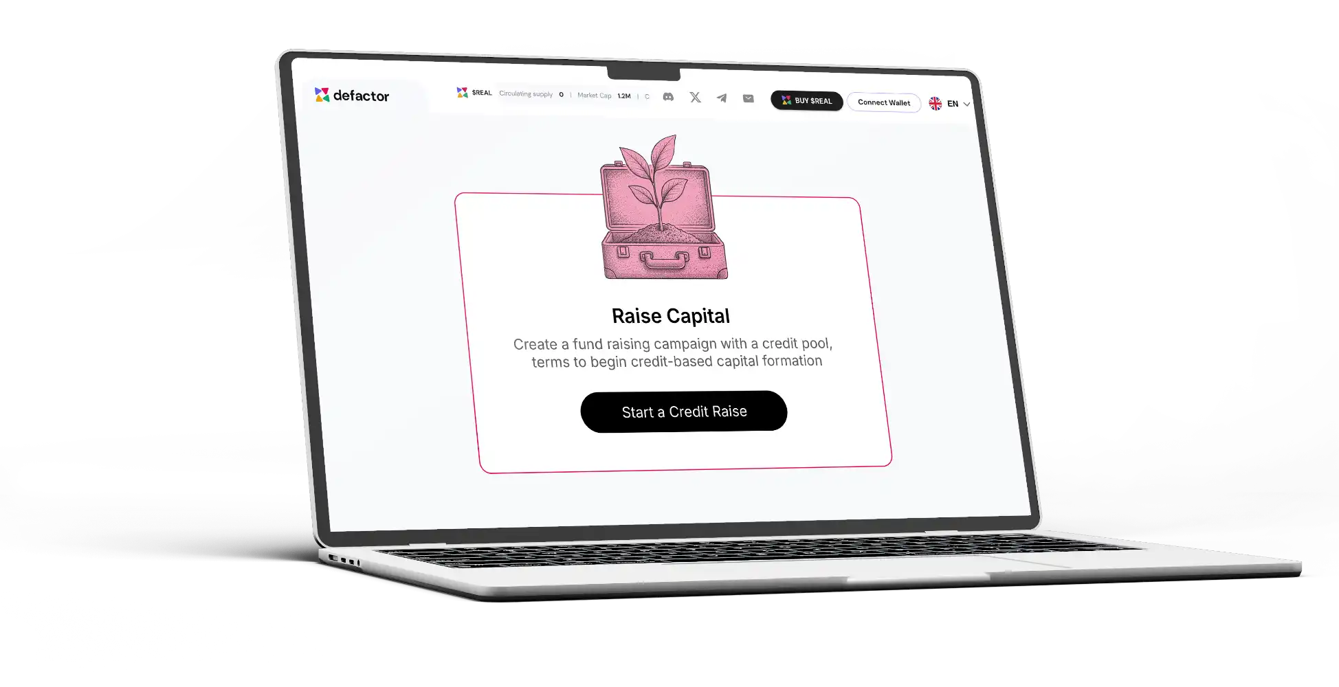 Laptop screen displaying Defactor's Raise Capital webpage with an illustration of a plant growing from a briefcase and a 'Start a Credit Raise' button.