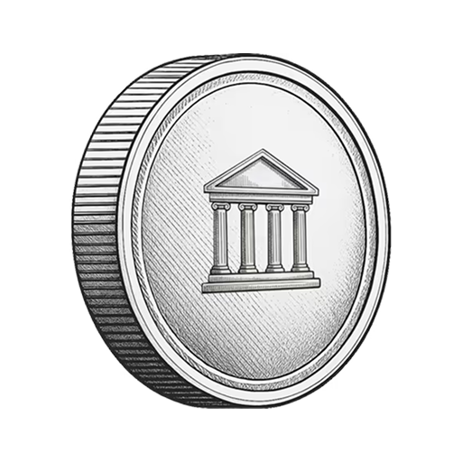 Illustration of a coin featuring a classical bank building with four columns and a triangular pediment.