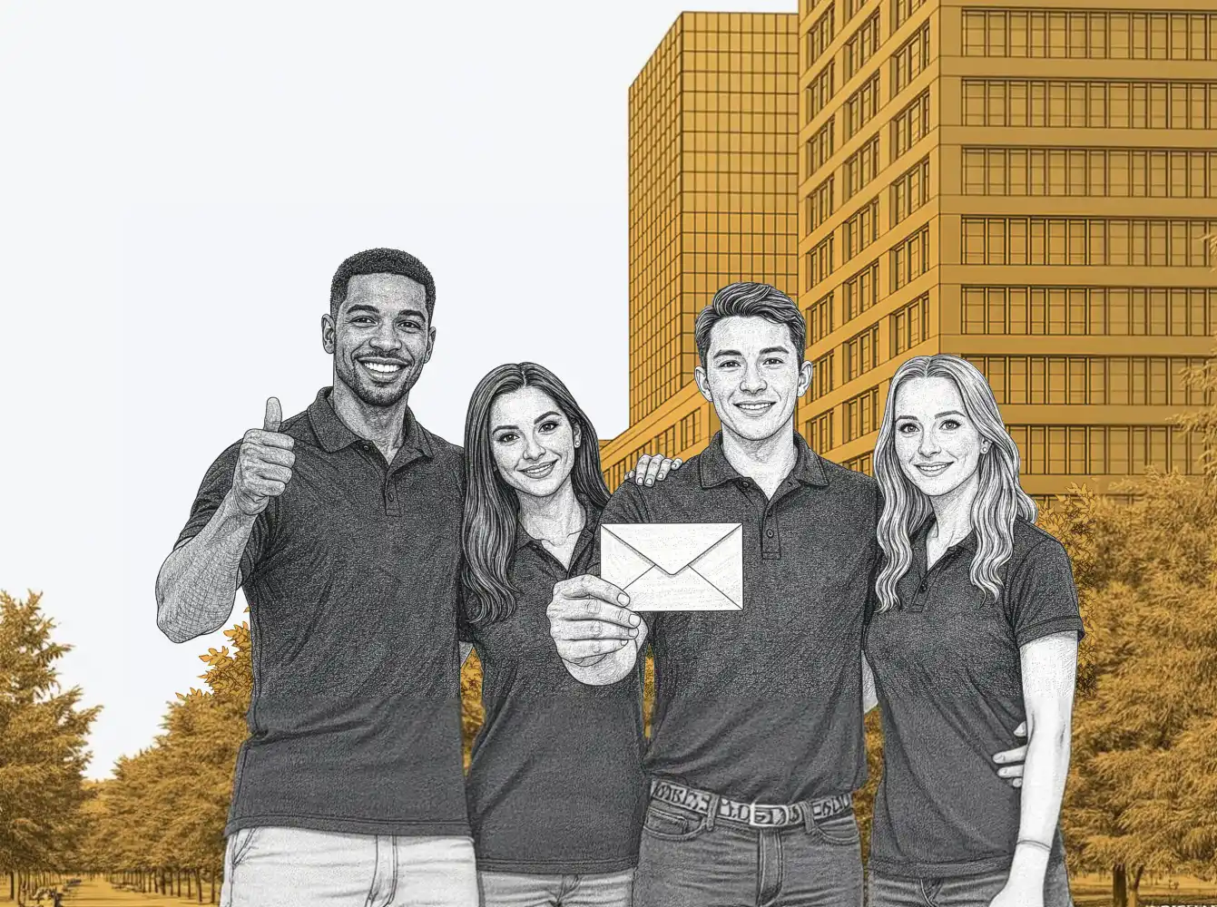 Four diverse young adults smiling outdoors with tall buildings and trees in the background; one holds an envelope and another shows a thumbs-up.