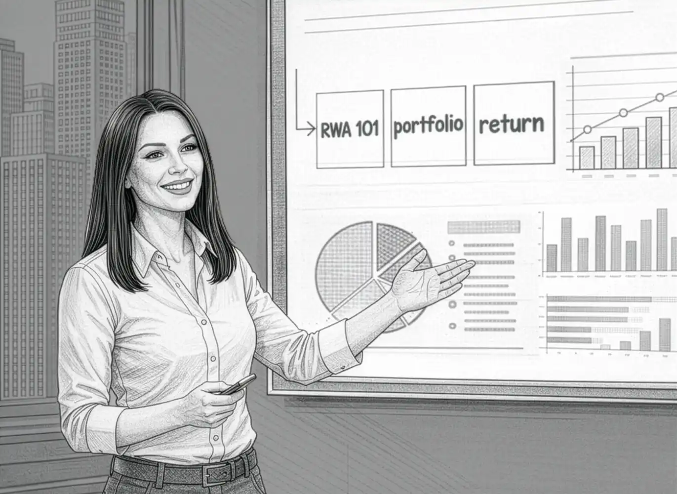 Smiling woman in buttoned shirt holding a pointer and presenting financial charts and graphs on a screen.