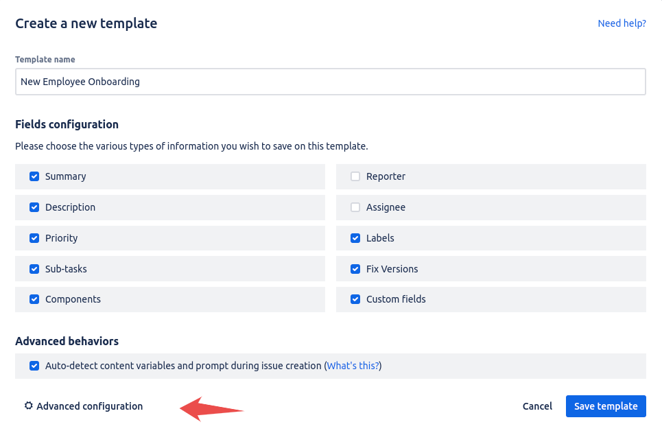 The simple issue template creation screen