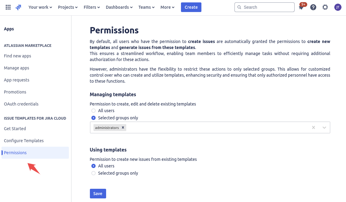 Permissions management for templates in Jira