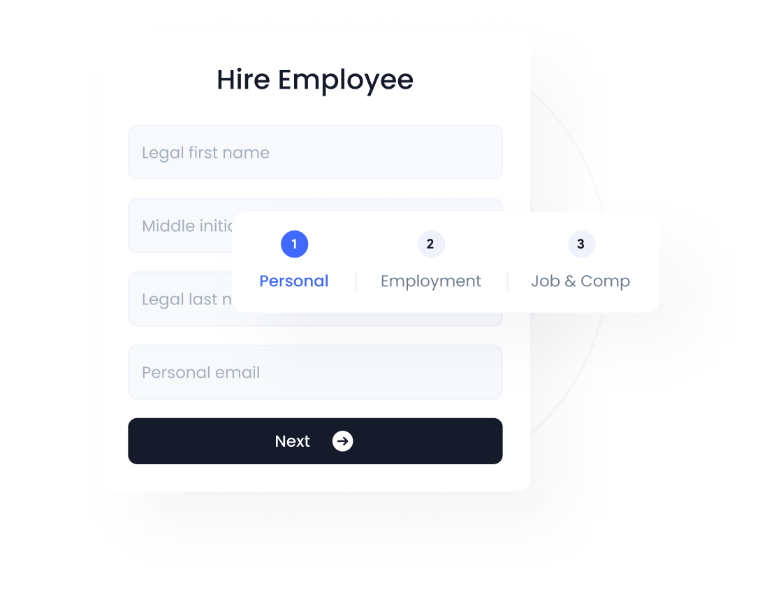 step 1 of employee onboarding collects legal first name, middle initial, legal last name, and personal email