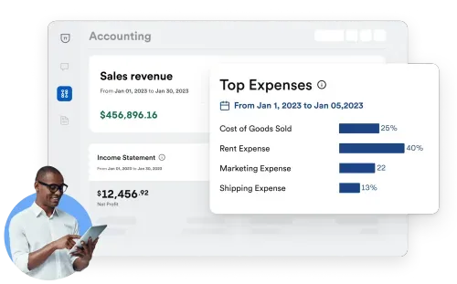 Small business owner reviews revenue and top expenses accounting reports inside their Bench account.
