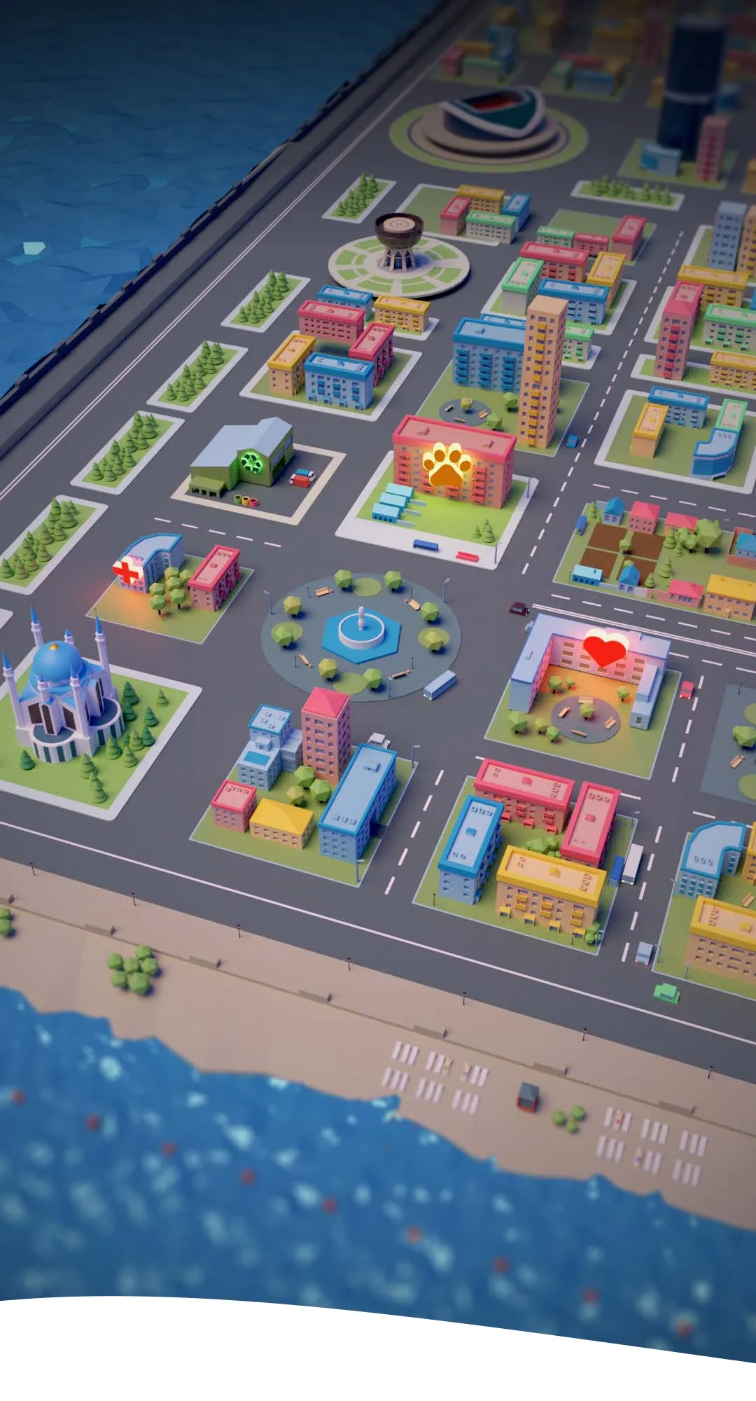 3D model of a colorful city layout near a coastline, featuring blocks of buildings, green spaces with trees, a central roundabout with a fountain, and special buildings marked with glowing icons including a red cross, a paw print, and a red heart, representing healthcare, animal care, and charity or community services.
