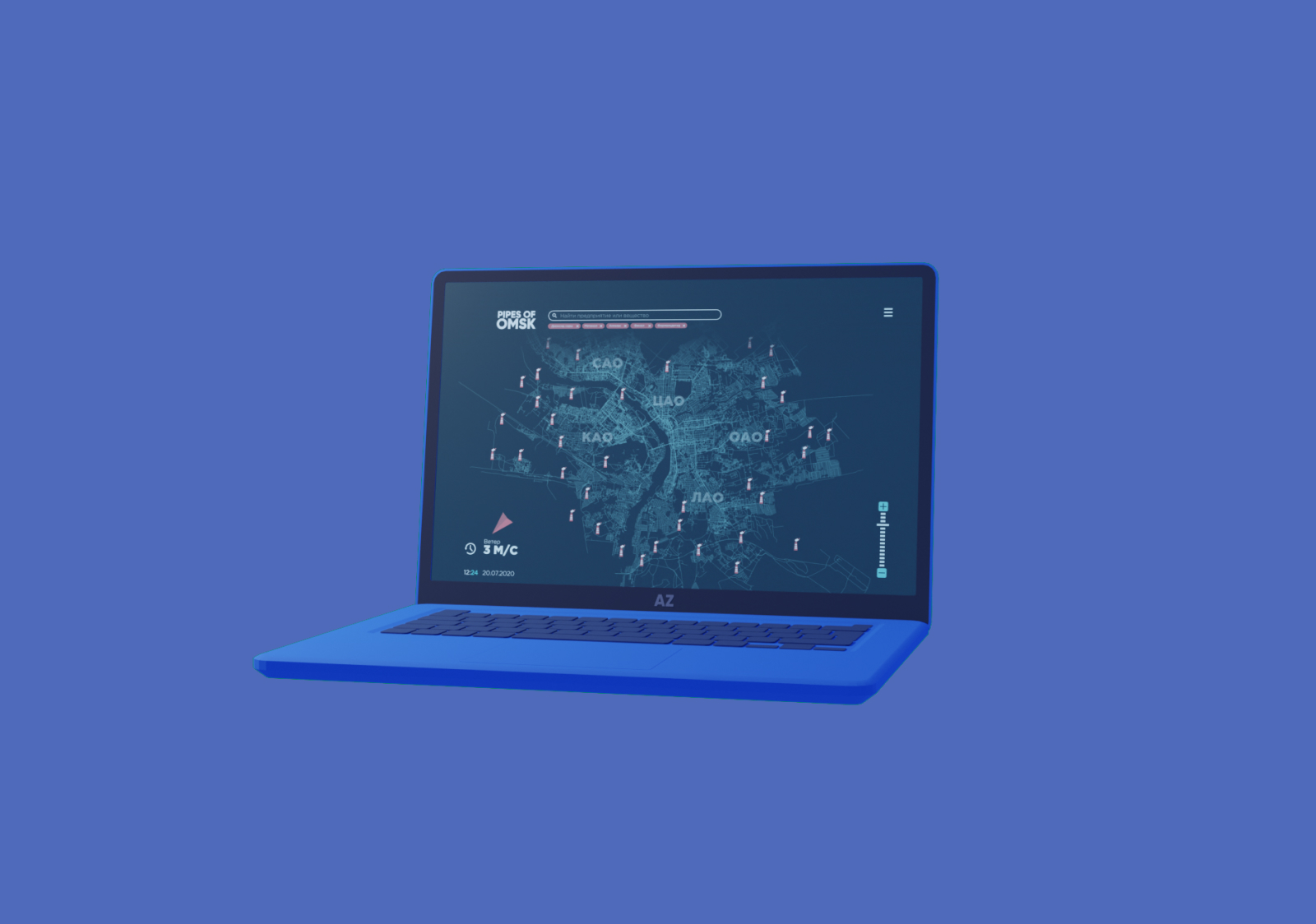 Blue laptop displaying a digital map titled 'Pipes of Omsk' with marked pipe locations and labels in Cyrillic script, set against a solid blue background.