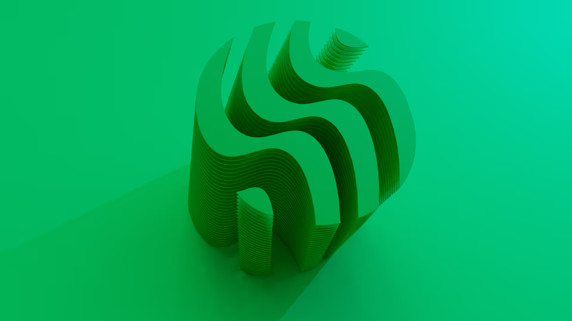 Green three-dimensional abstract shape with wave-like grooves on a green background casting a shadow to the right.