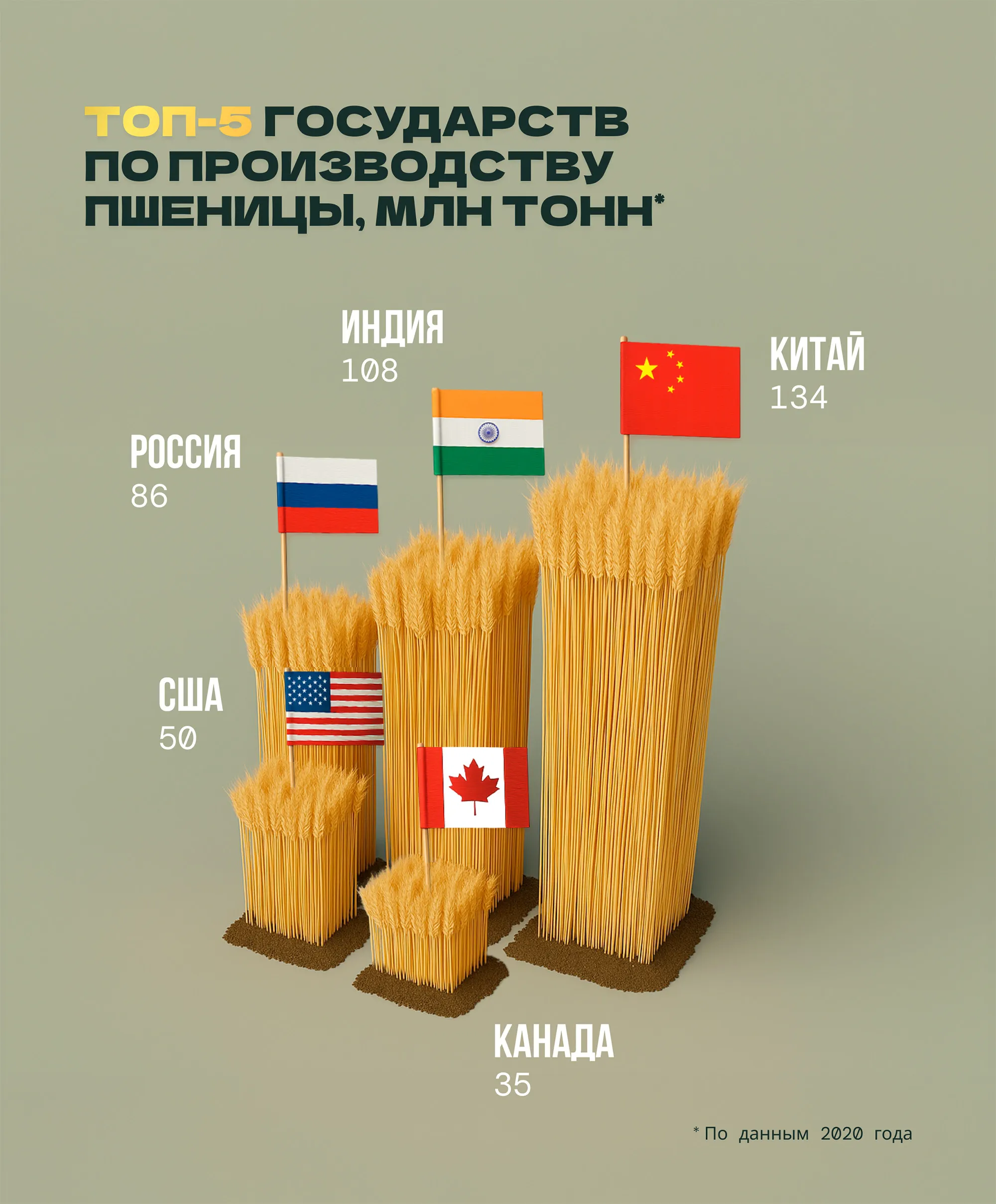 Bar chart made of wheat stalks showing top 5 wheat-producing countries in million tons: China 134, India 108, Russia 86, USA 50, Canada 35, with corresponding national flags, based on 2020 data.
