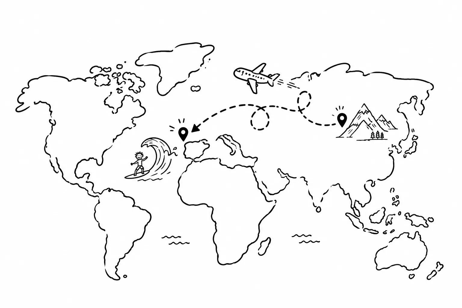 Black and white world map sketch showing an airplane flying from a mountain region in Asia to a surfing spot near Europe, marked by location pins connected with a dotted flight path.