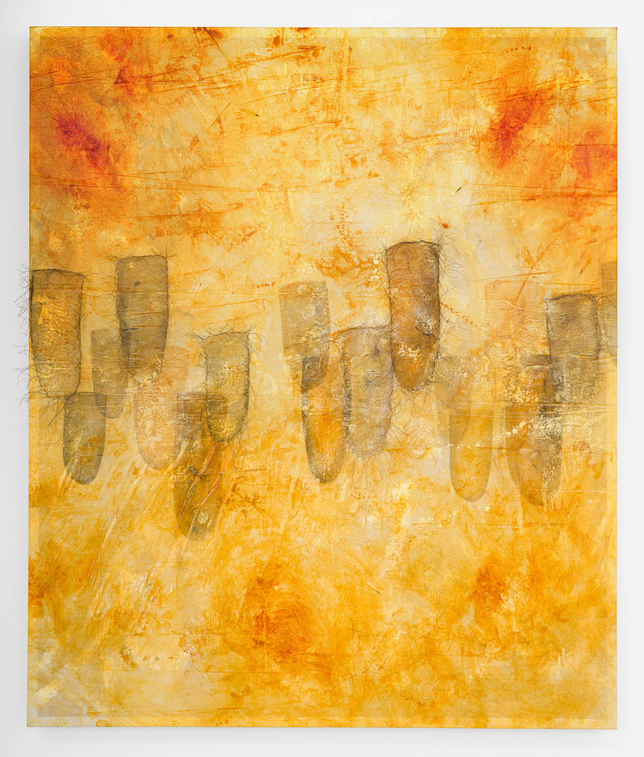 Gold Large Secrets, 2025, Acrylic polymer, nylon thread, porcupine quills, cotton muslin, 49½ x 41½ in., 125.73 x 105.41 cm.