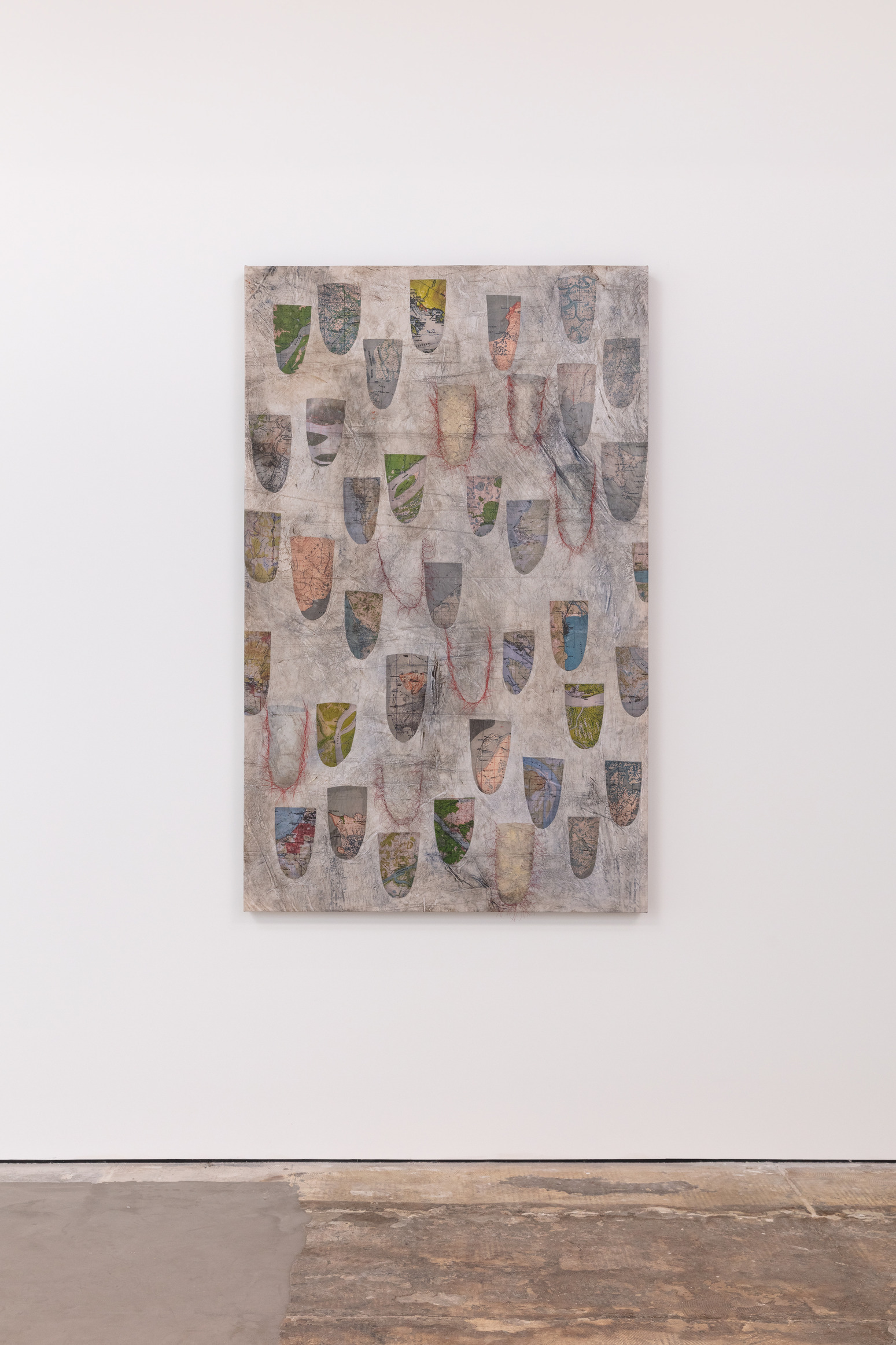 Credible Secrets with Red II, 2023, Acrylic polymer, glass bead, nylon thread, cotton muslin, printed maps on cotton fabric, 64 x 40 in., 162.56 x 101.6 cm., Gochman Collection