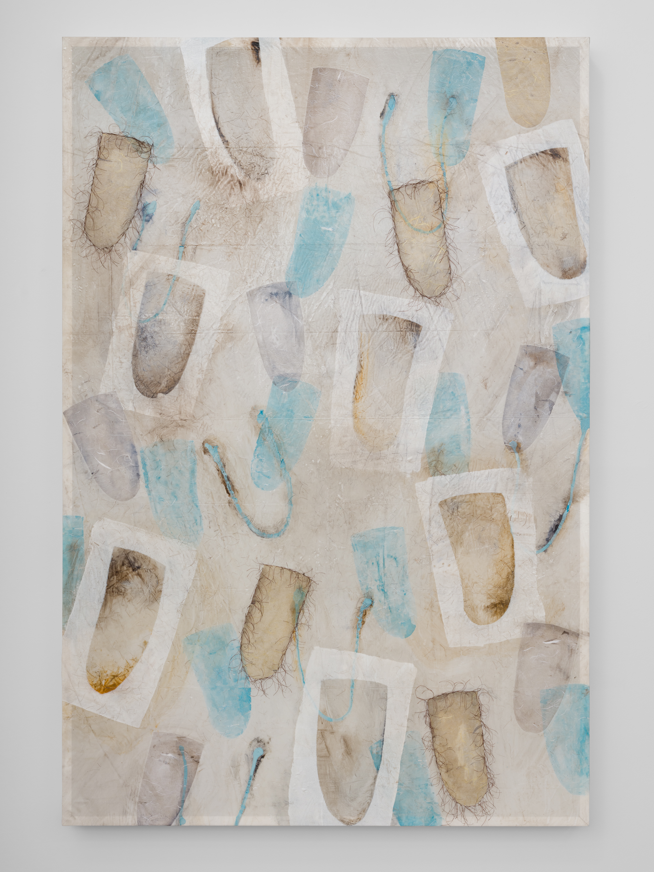 Large Sky Blue Buried Secrets, 2025 Acrylic polimer, nylon thread, airplane fabric, 60 x 40 in., 152.40 x 101.60 cm.
