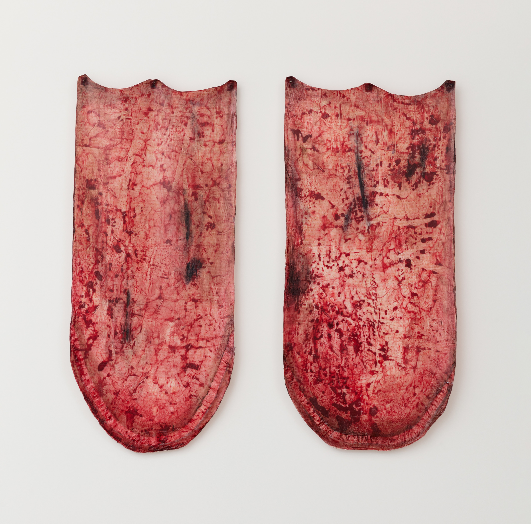 Pink Slips 2, 2023, Acrylic polymer, cotton muslin, steel pin, paper 44¼ x 22 in. (each), 112.39 x 55.88 cm