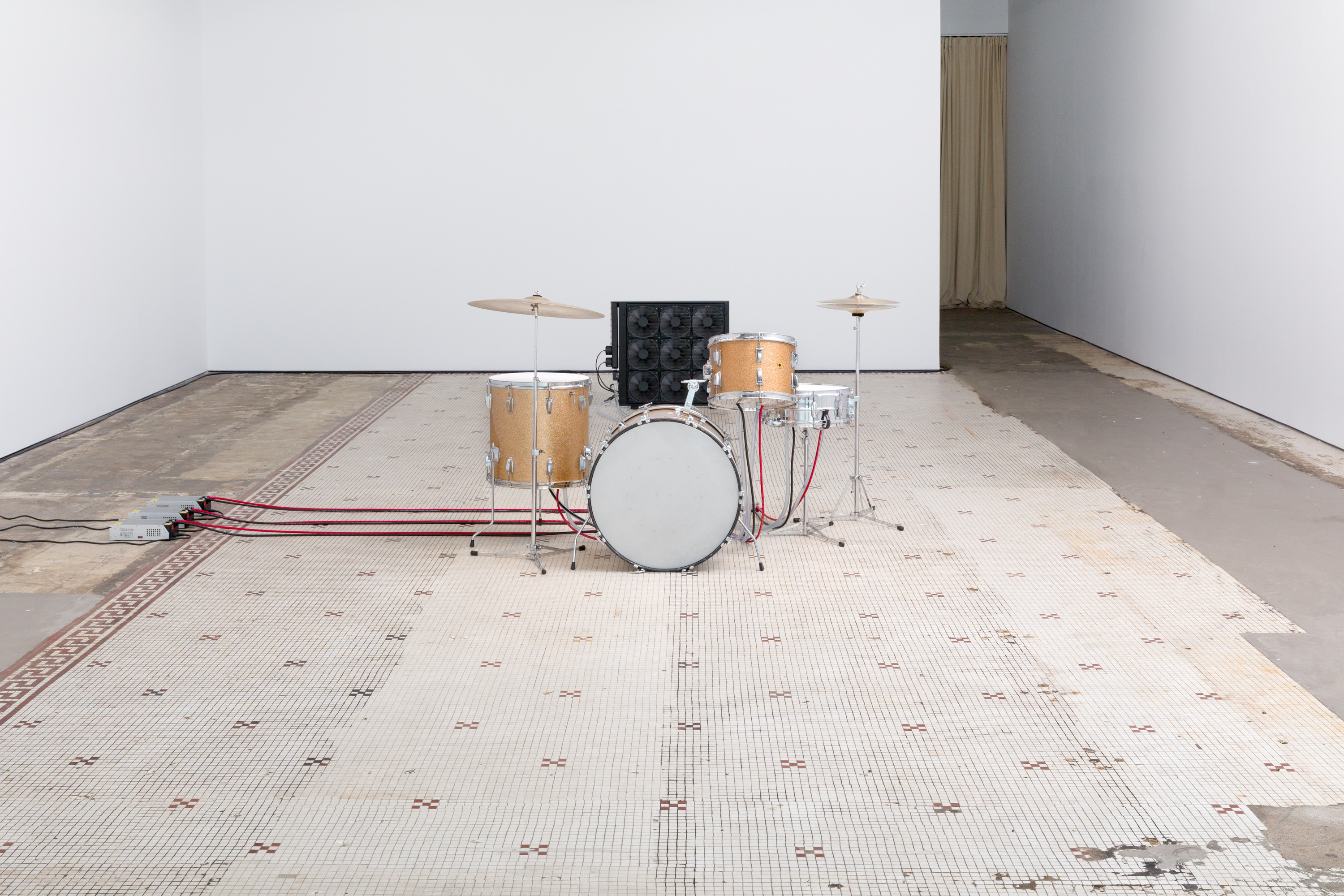 Eli Coplan, Snow, 2026, Drum set, aluminum panels, thermoelectric assemblies, power supplies, tubing, PC coolant, radioator, Drum set: 40.5 in. x 68.5 in. x 49 in.; Radiator: 26.75 in. 29.75 in. x 6 in.ECO0002 