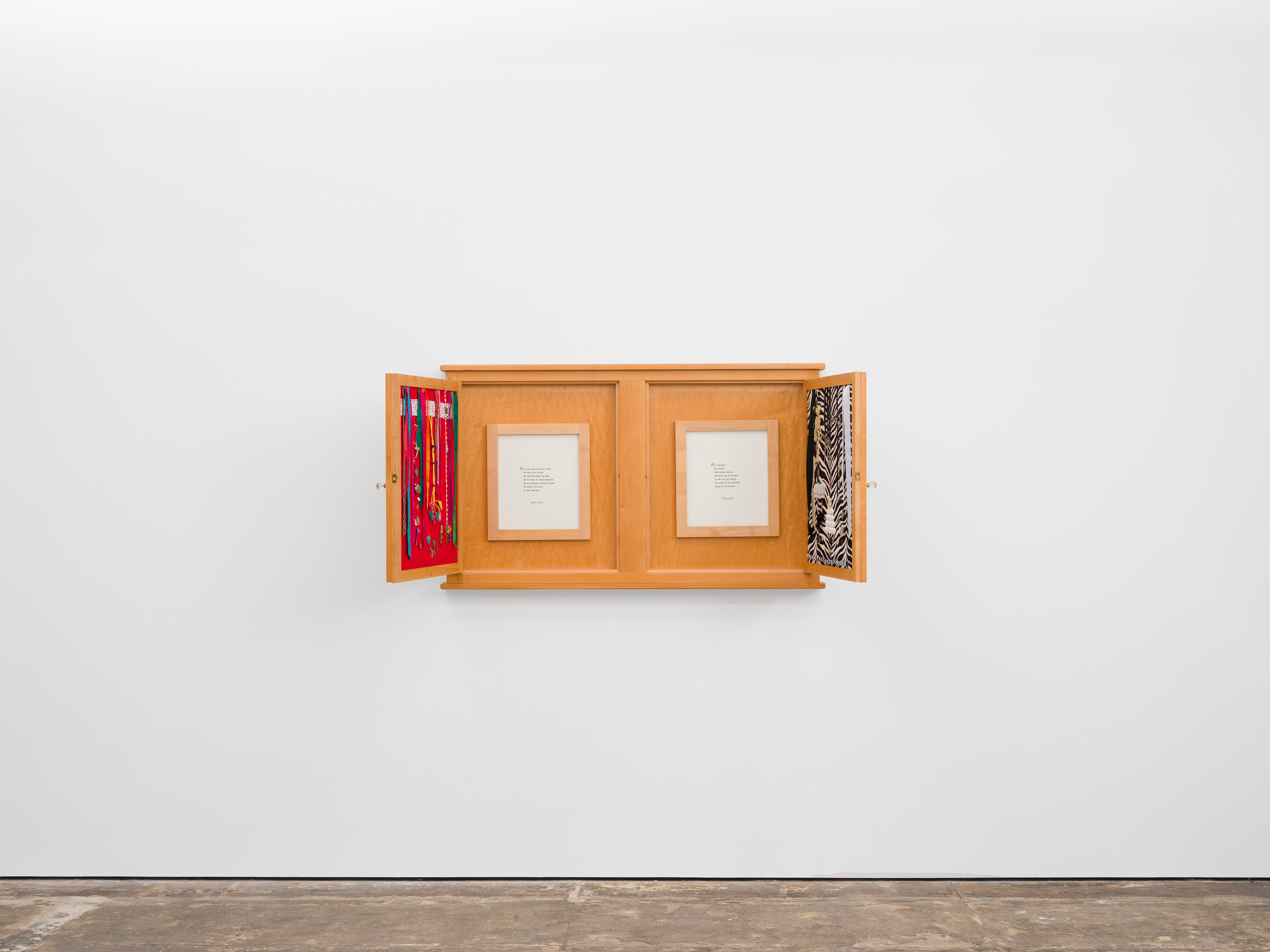 Ella y El, 1989, Maple cabinet, Cibachrome prints, letterpress type, fabric, ribbon, buttons, dijos, and found objects, 31½ x 54 x 4 in., 80.01 x 137.16 x 10.16 cm, Collection Dallas Museum of Art