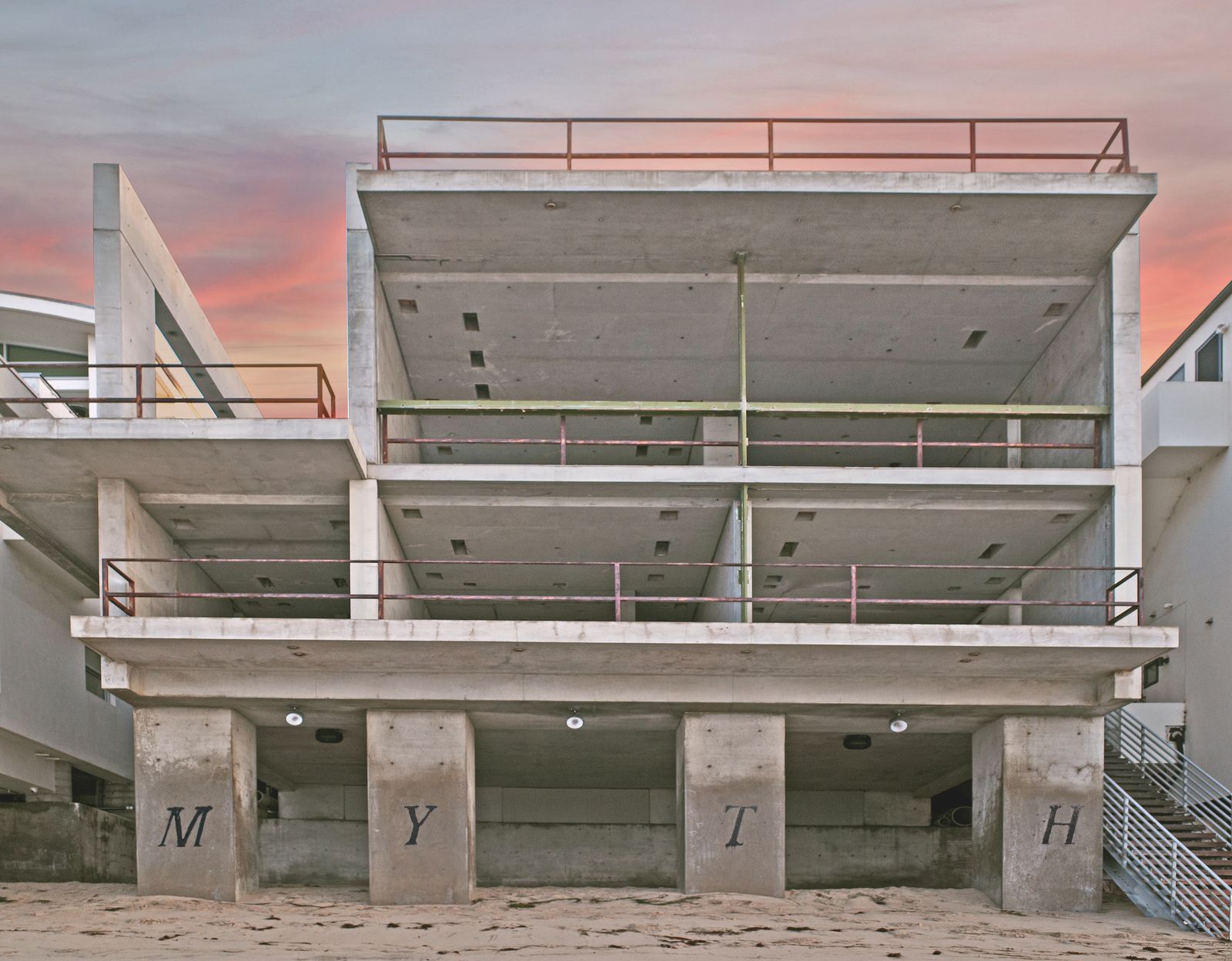 Myth, 2024, Spray paint on exterior of Ye's Tadao House, Malibu, CA