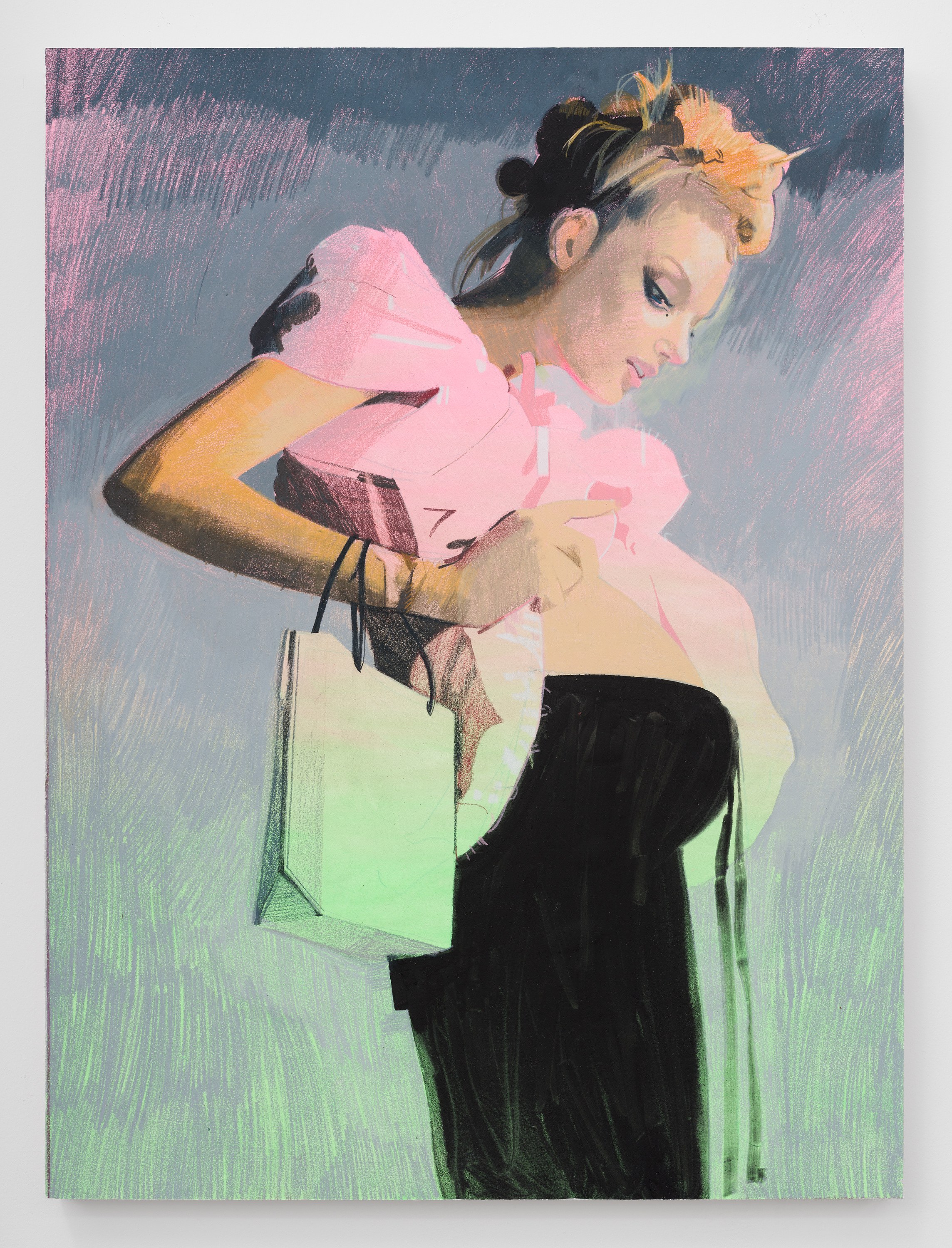 Oh Baby, 2026, Acrylic gouache and colored pencil on paper mounted to wood panel, 40 x 30 in., 101.60 x 76.20 cm, HTA0027