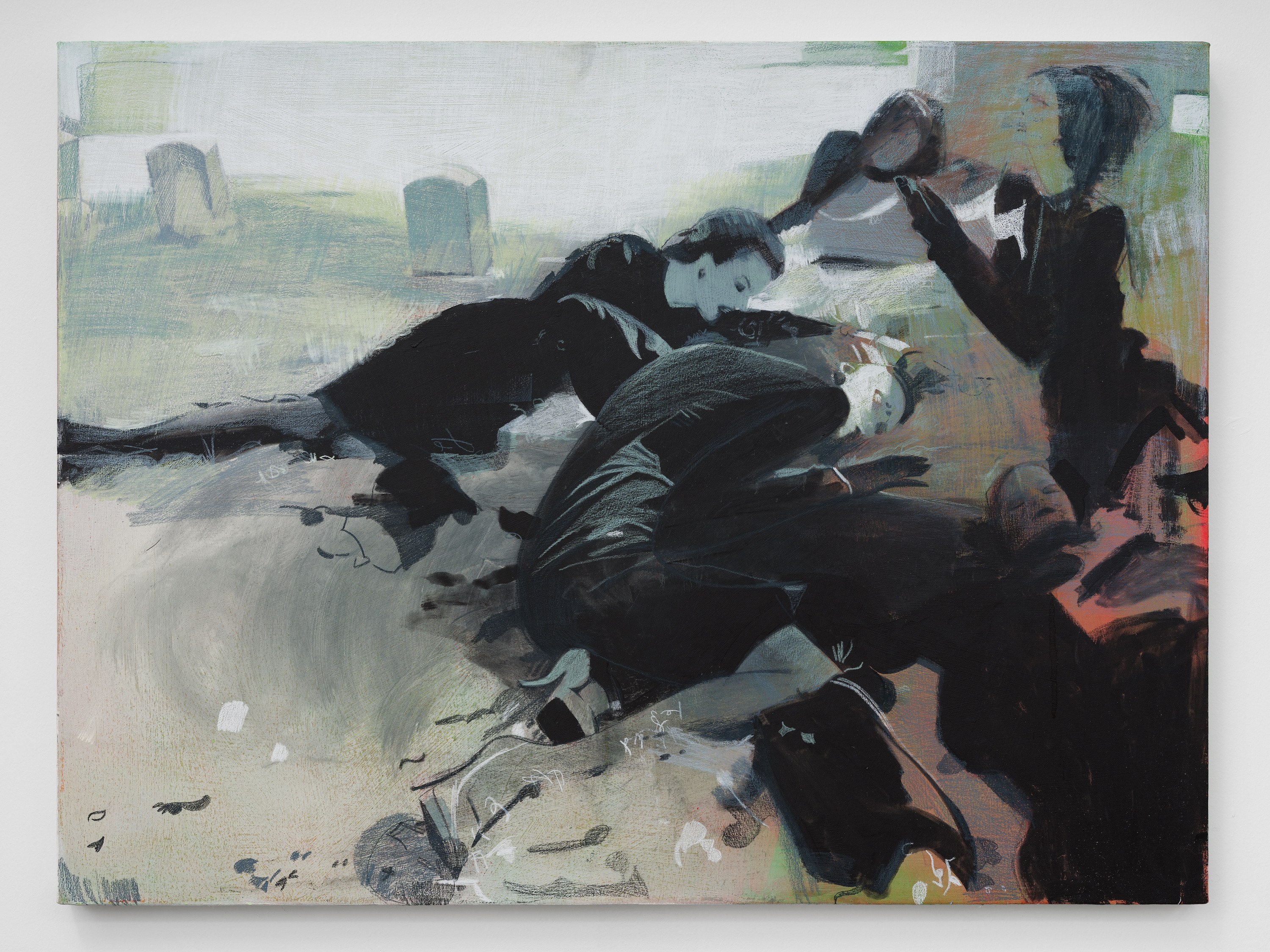 Funeral Scene, 2026, Acrylic gouache and colored pencil on canvas, 30 x 40 in., 76.20 x 101.60 cm, HTA0024