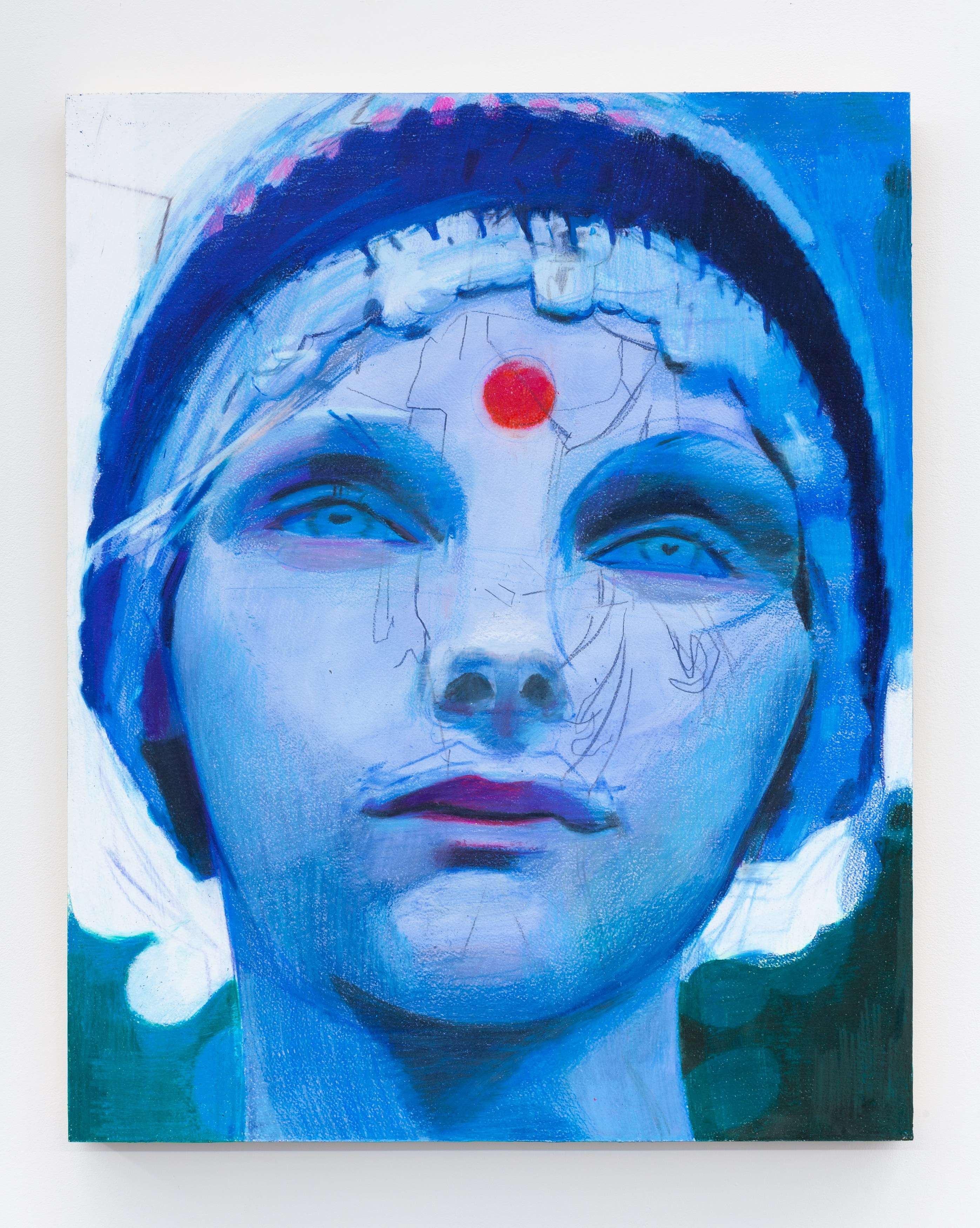 Locked In, 2025, Acrylic, gouache, and colored pencil on paper mounted to panel, 30 x 24 x 1½ in