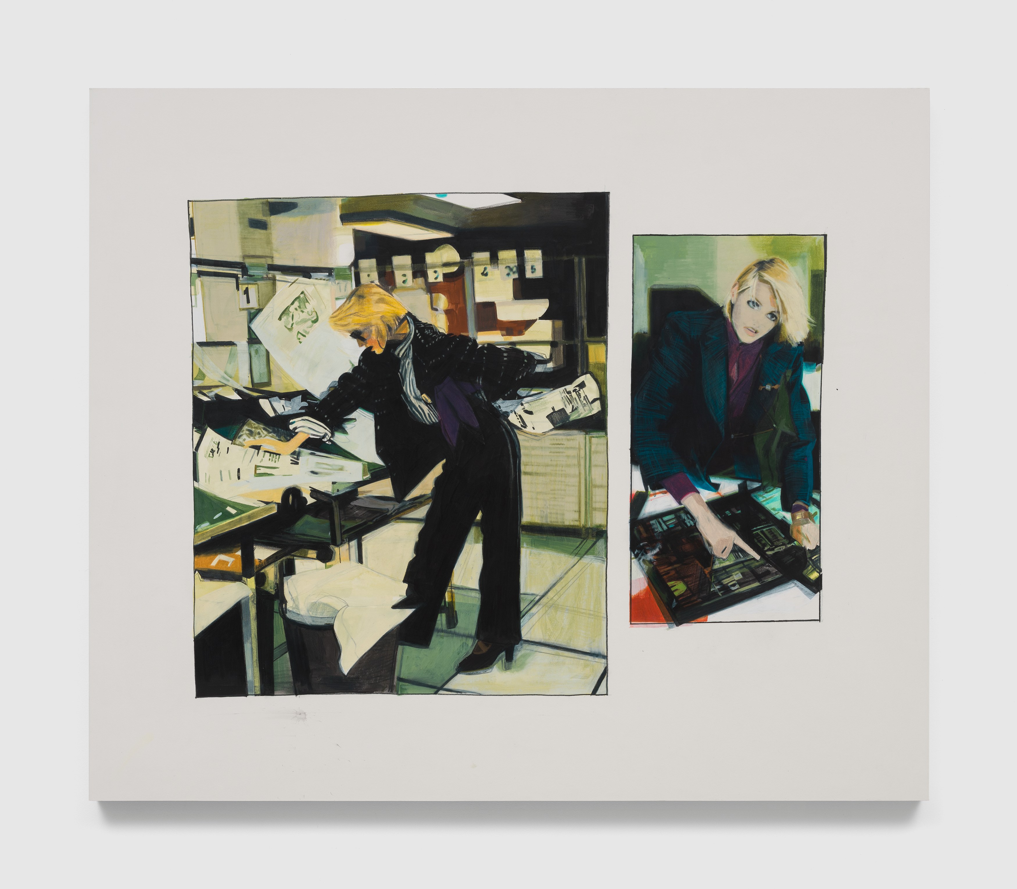 Editor in Chief, 2023, Gouache and colored pencil on paper mounted on panel, 37 x 44 in., 94 x 111.8 cm