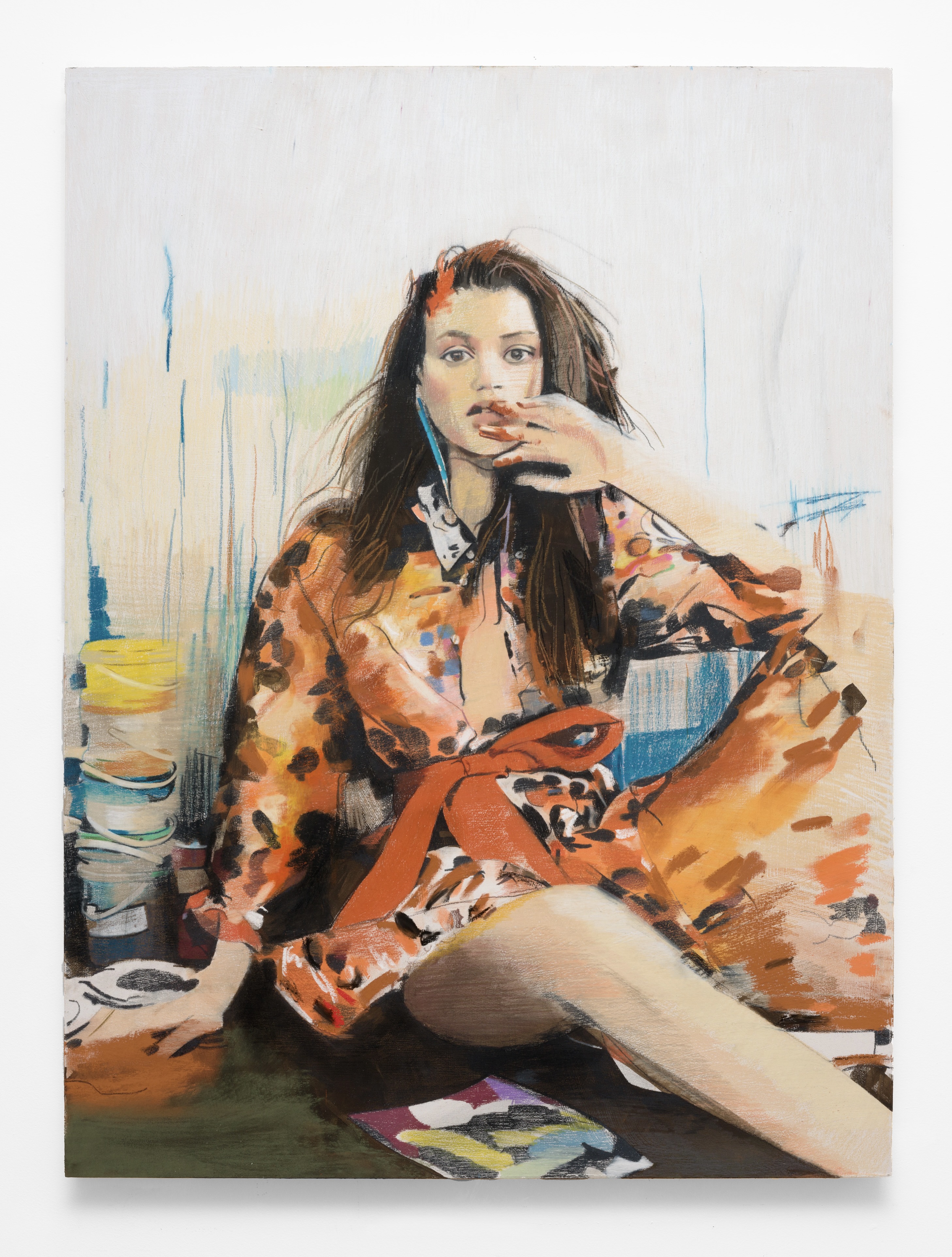 Studio Visit, 2026, Colored pencil, acrylic gouache, soft pastel on wood panel, 40 x 30 in., 101.60 x 76.20 cm HTA0030
