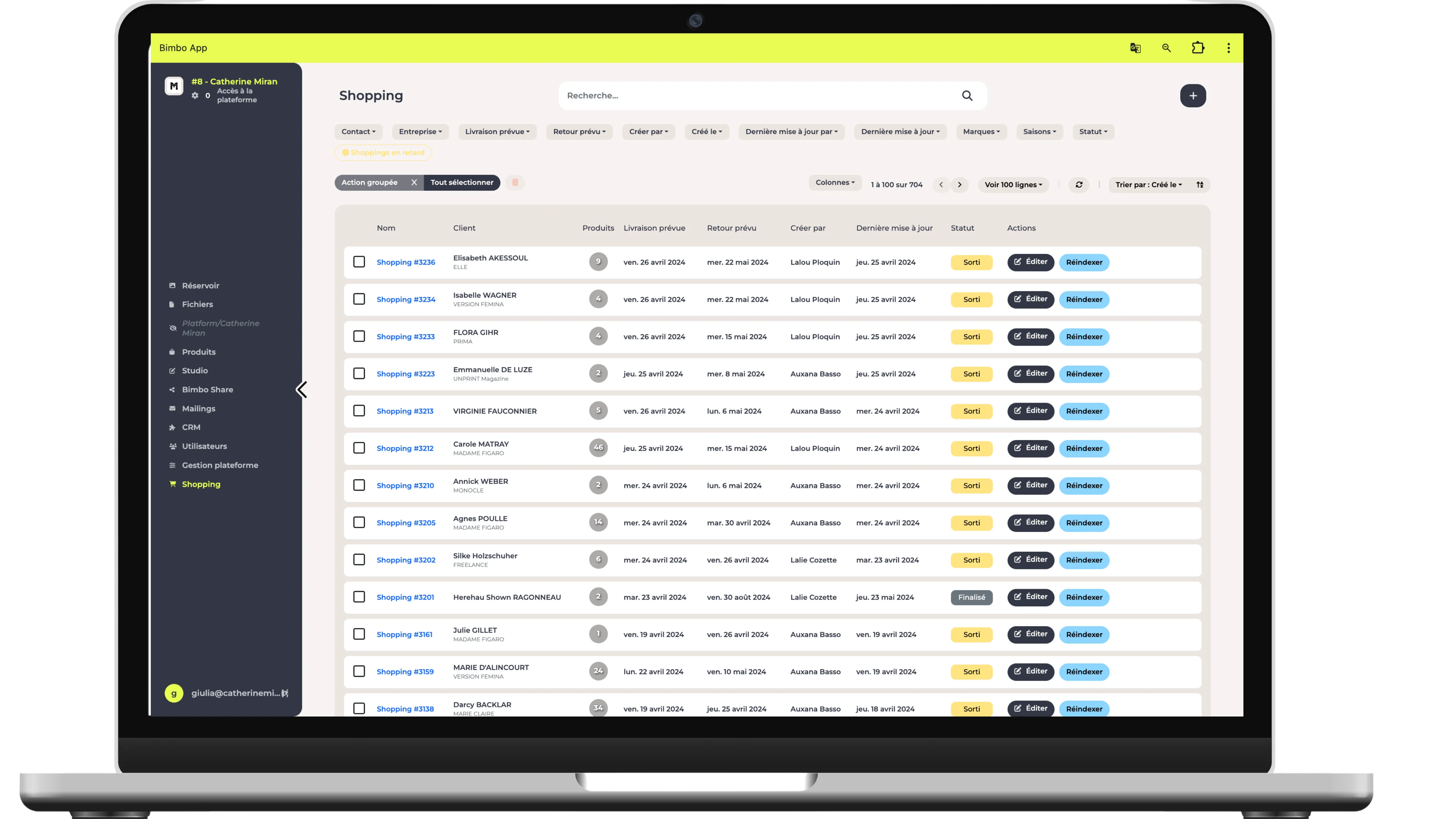 Bimbo’s press sample tracking interface: loaned products, media outlets, delivery dates, expected returns and statuses.