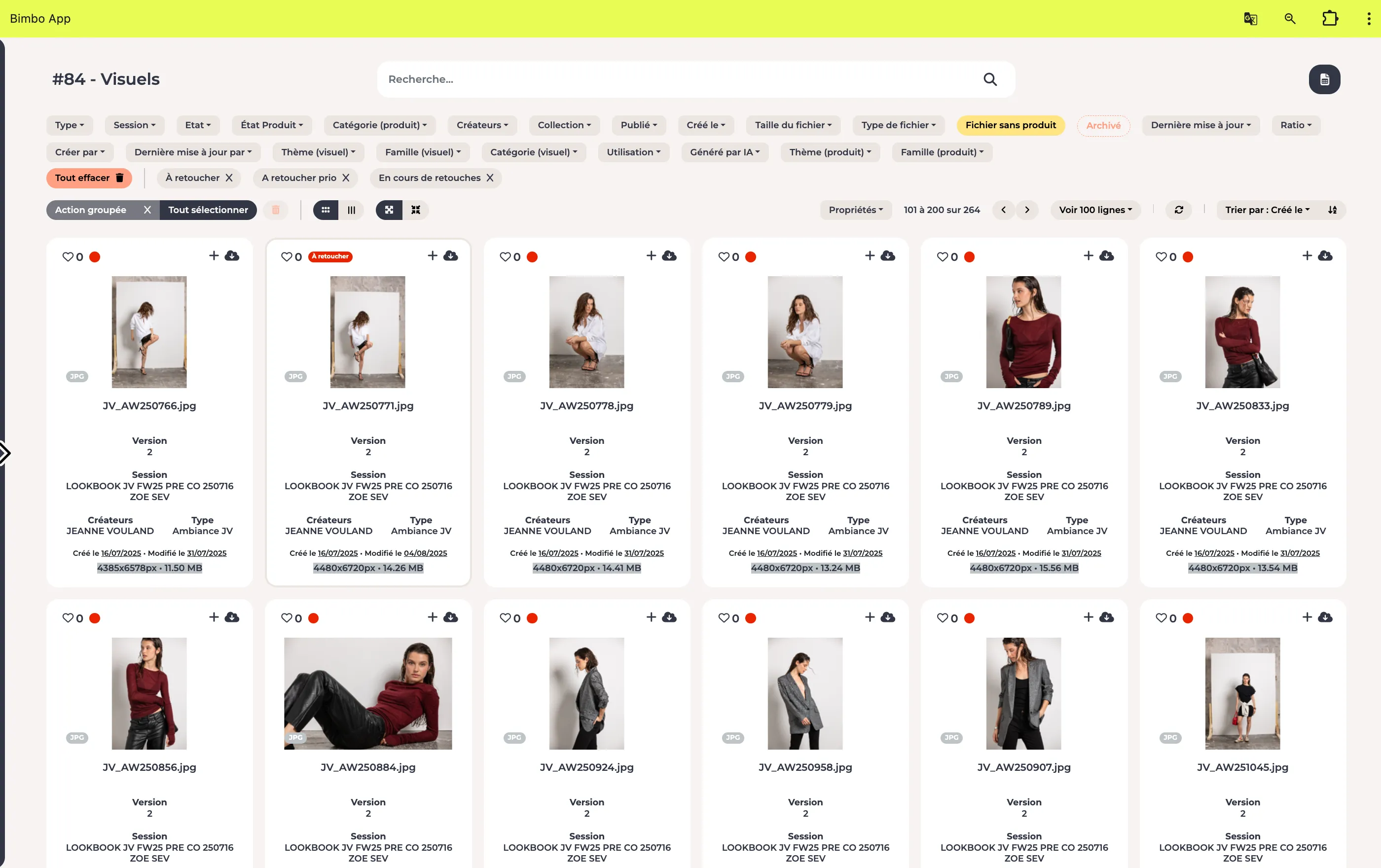 Bimbo image library filtered by retouching status, showing content versions and production sessions.