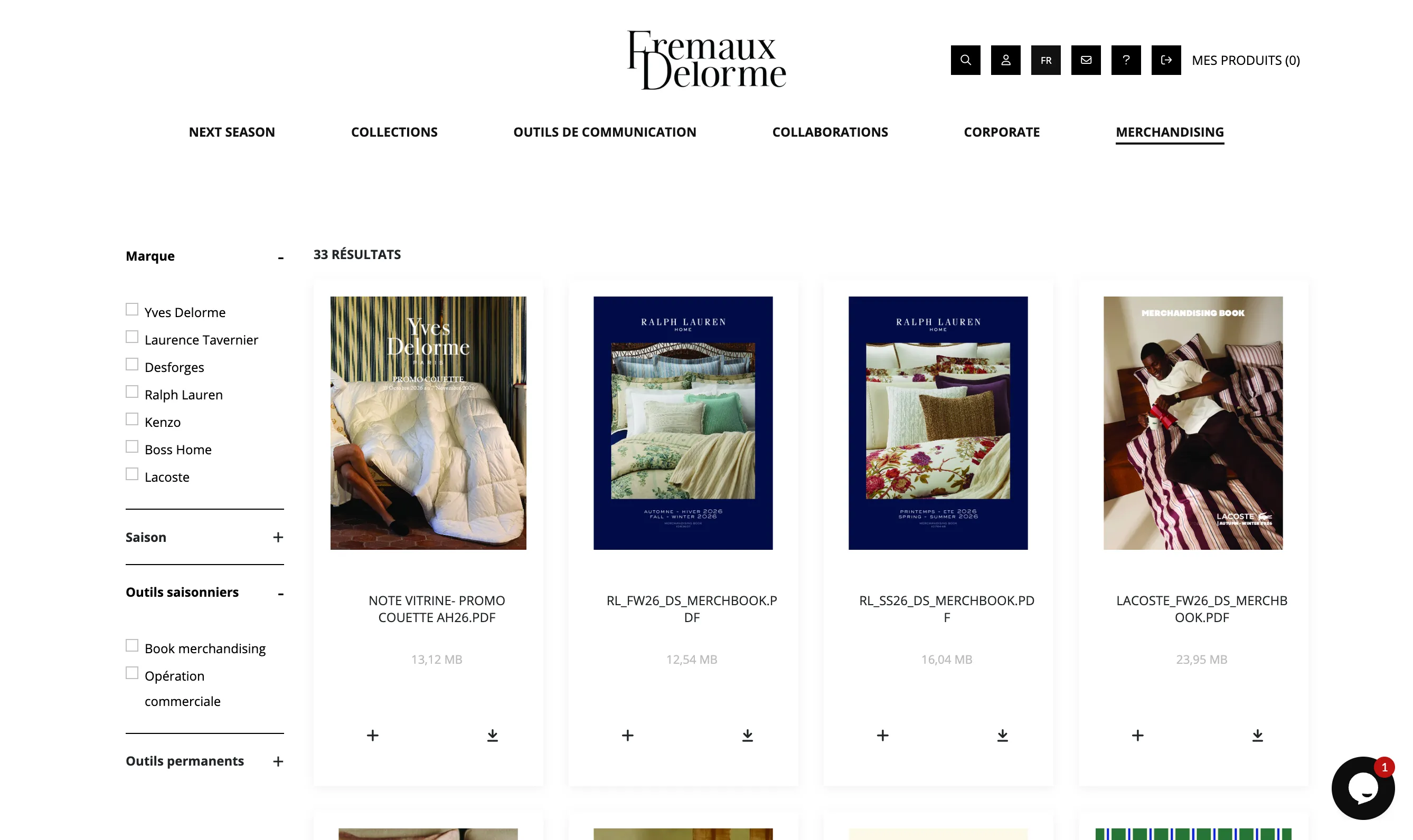Fremaux Delorme portal: merchandising books and sales materials filterable by brand and season.