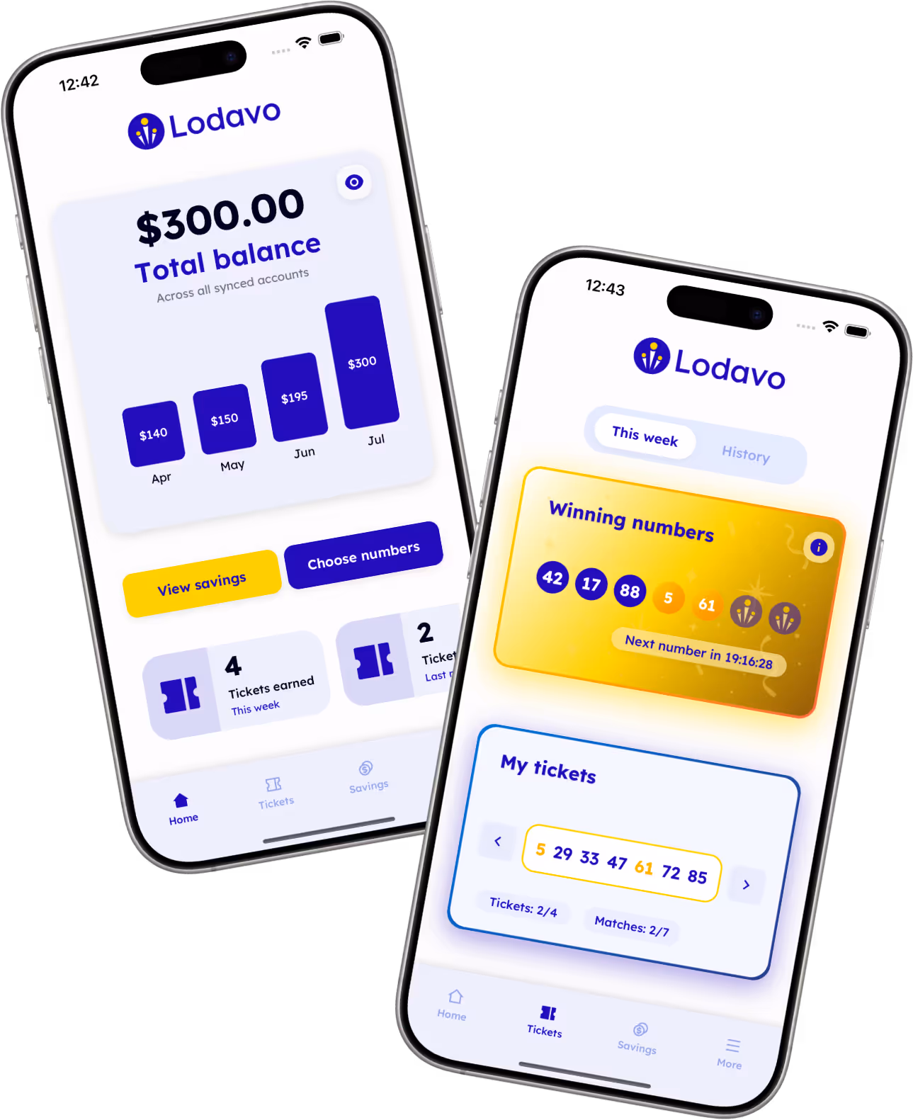 Lodavo app home and tickets screens