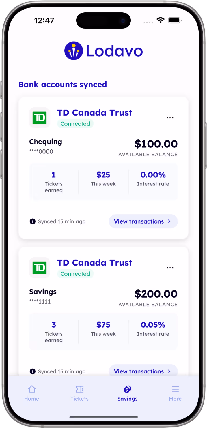 Lodavo app savings screen