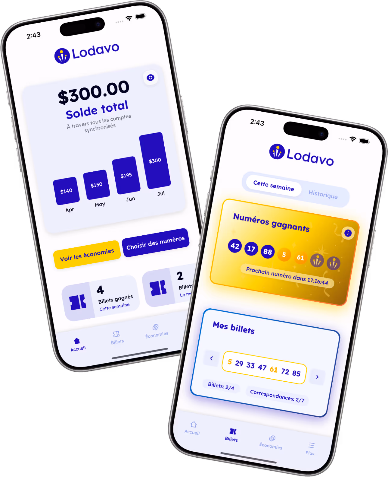 Lodavo app home and tickets screens french
