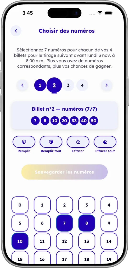 Lodavo app choose numbers screen (French)