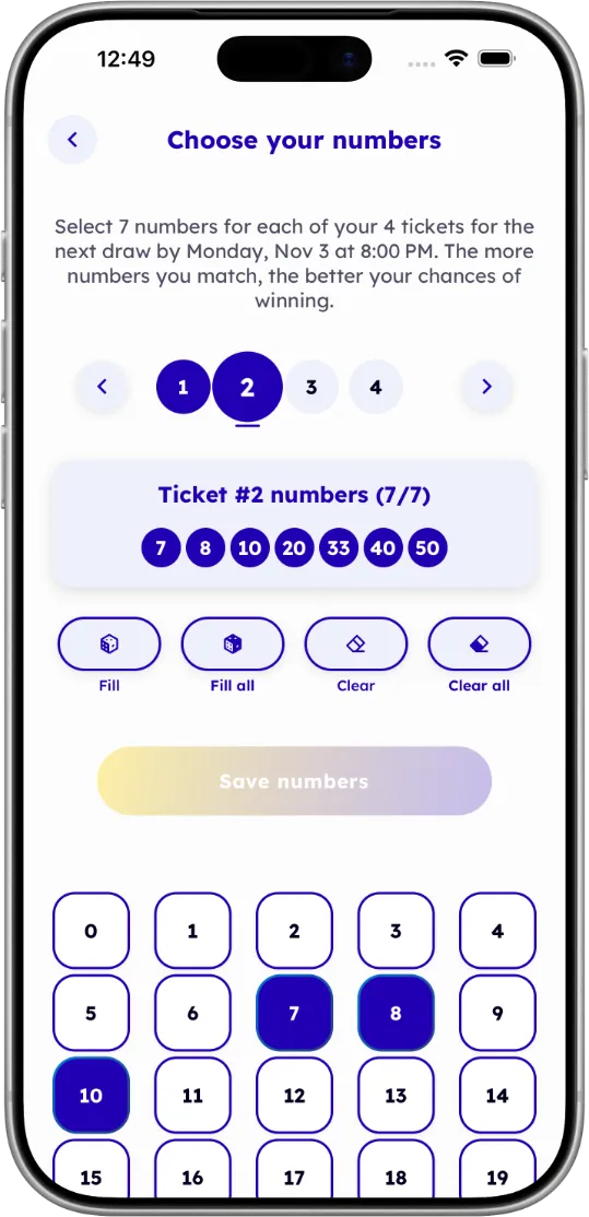 Lodavo app choose numbers screen